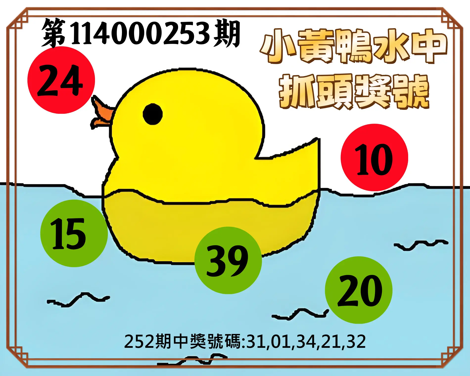 今彩539第114000253期(10/18)小黃鴨水中抓頭獎號
