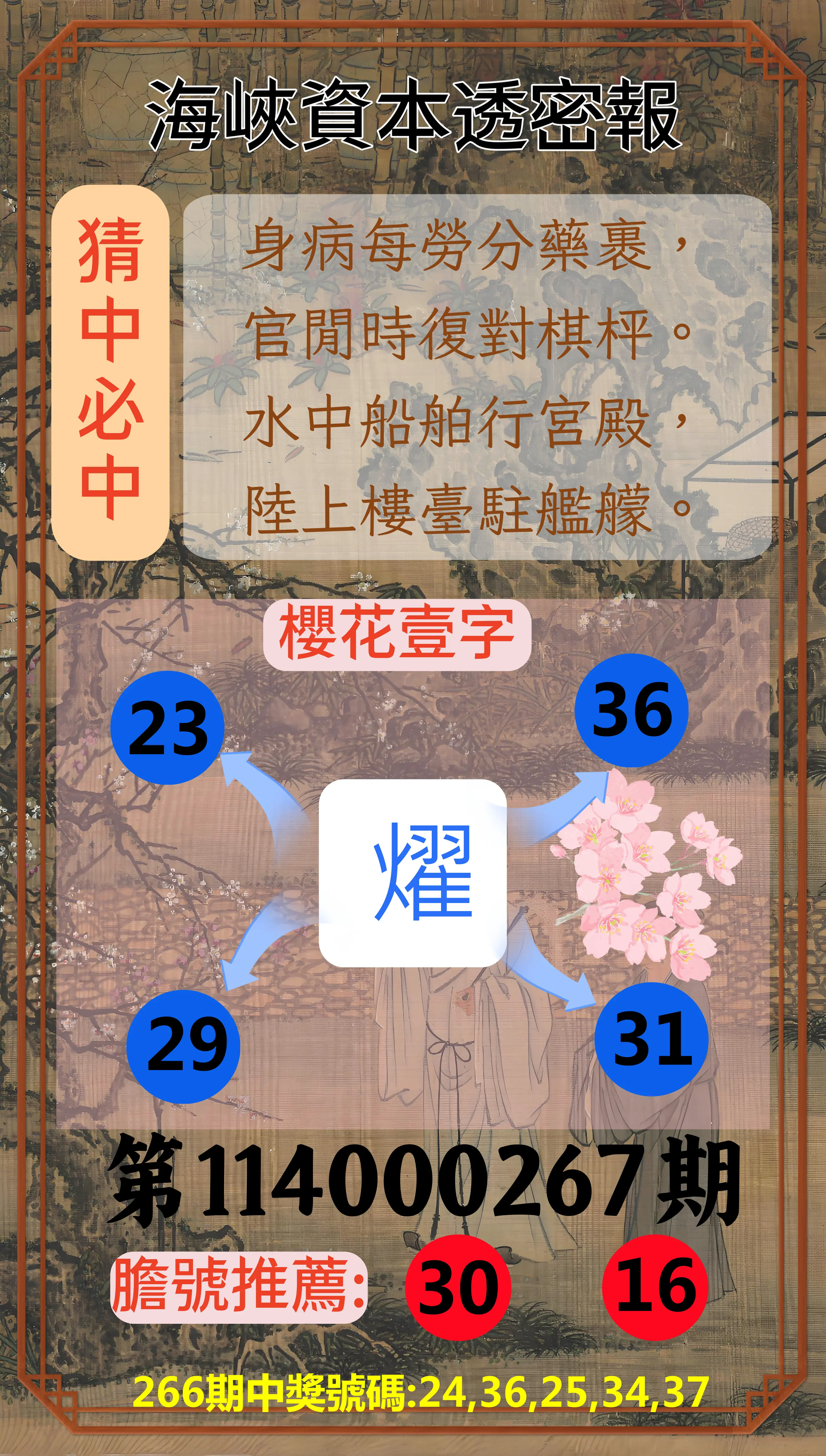 今彩539第114000267期(11/04)海峽資本透密報