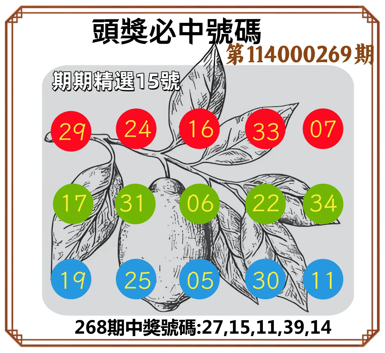 今彩539第114000269期(11/06)頭獎號碼