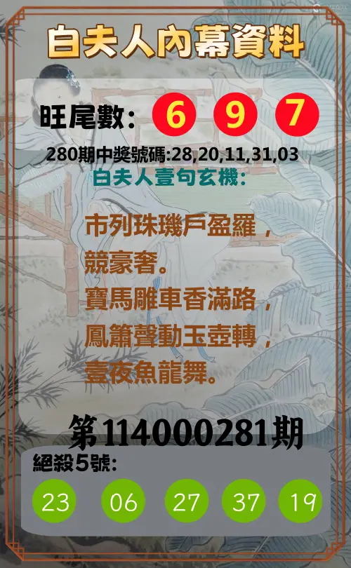 今彩539第114000281期(11/20)白夫人內幕資料
