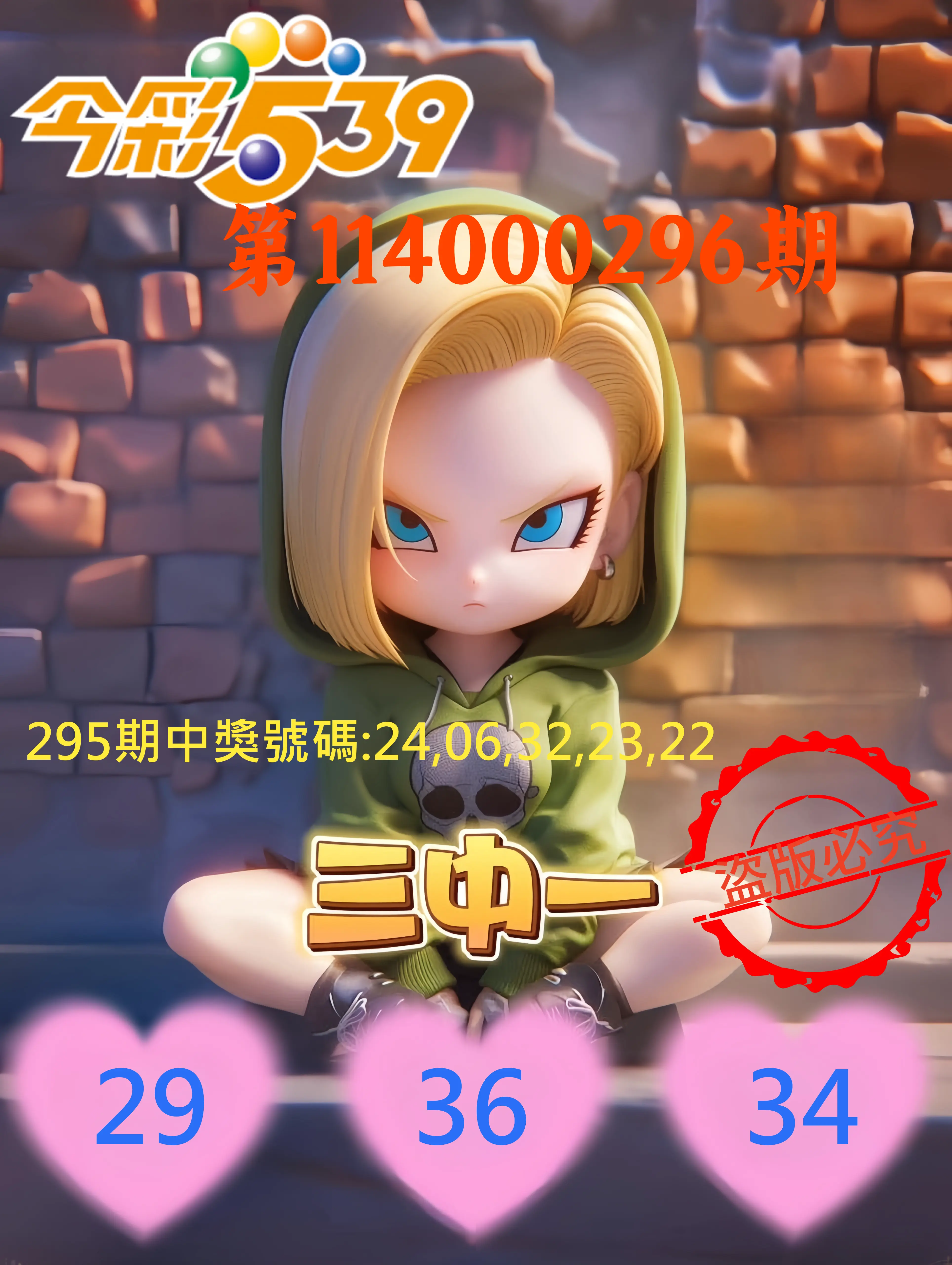 今彩539第114000296期(12/08)今彩539孫恩淑三中壹牌號