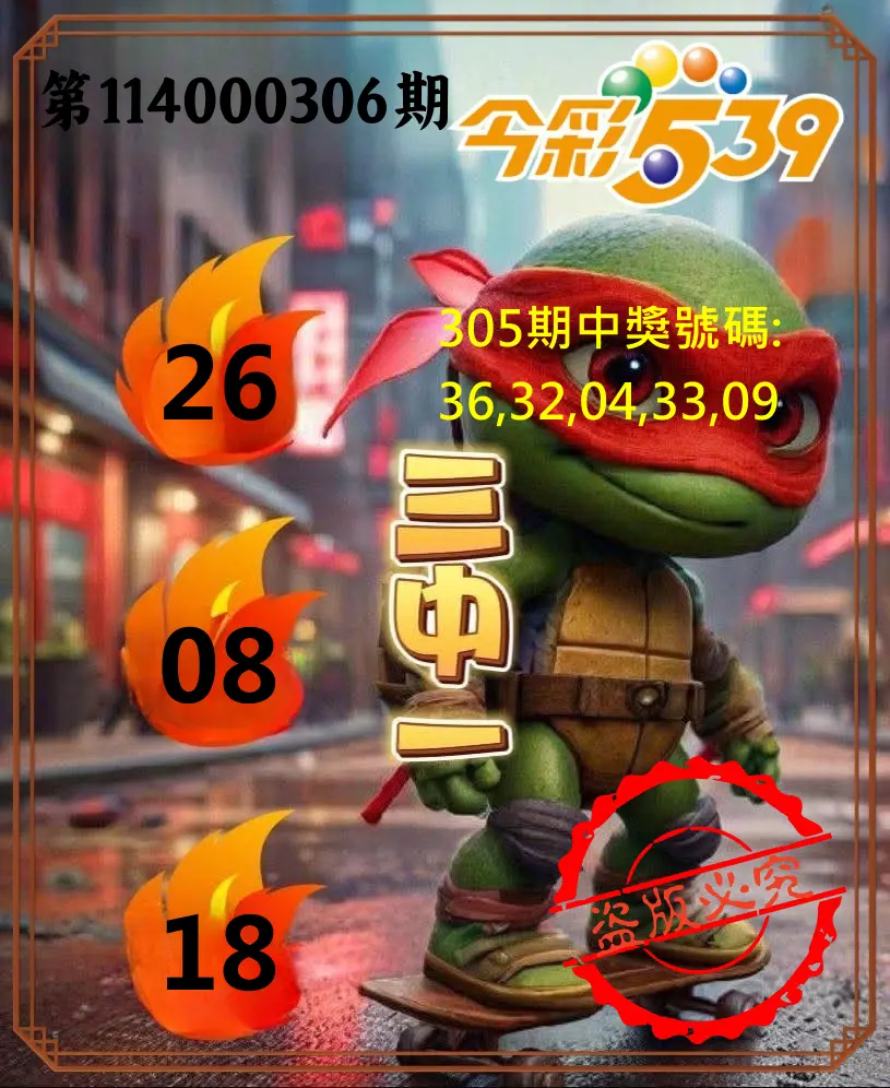 今彩539第114000306期(12/19)今彩539青蛙王子三中壹牌號預測