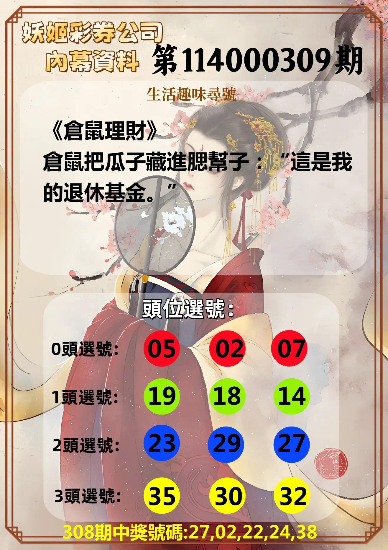 今彩539第114000309期(12/23)妖姬彩券公司內幕資料