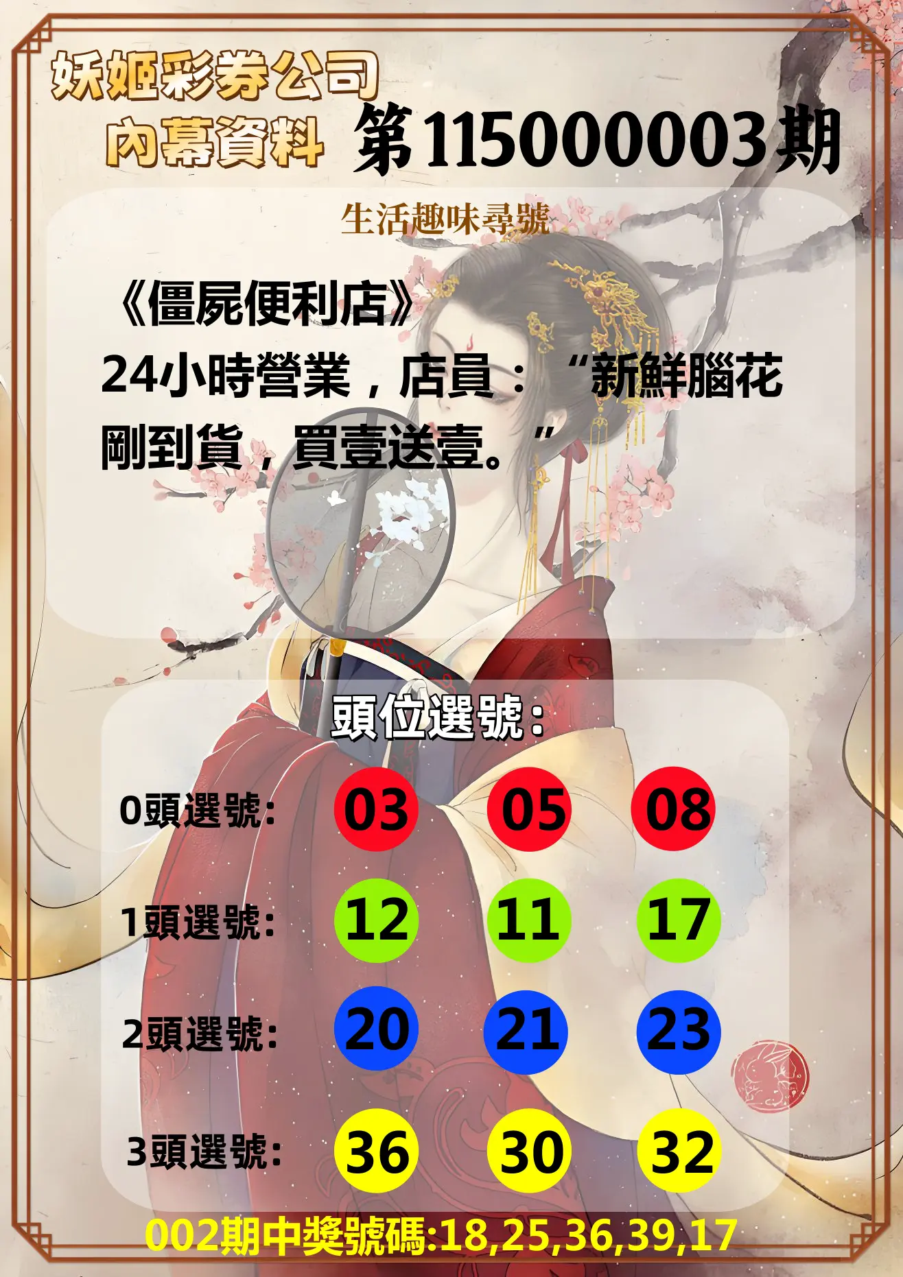 今彩539第115000003期(01/03)妖姬彩券公司內幕資料