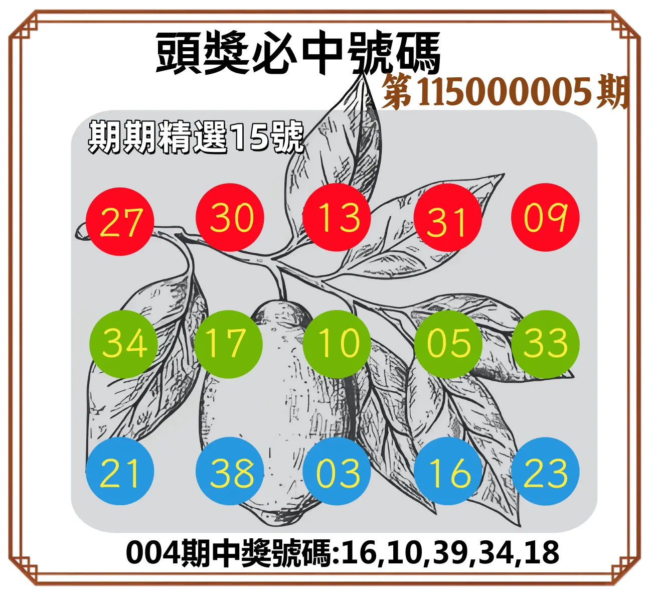 今彩539第115000005期(01/06)頭獎號碼