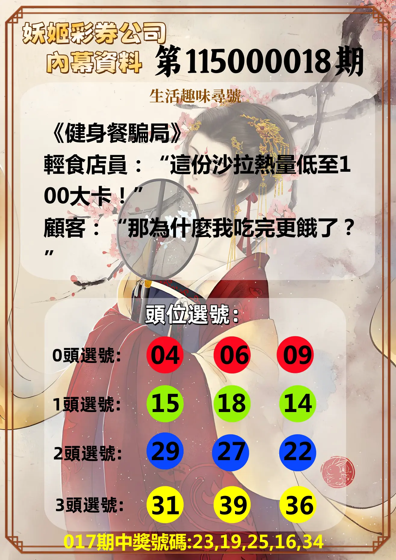 今彩539第115000018期(01/21)妖姬彩券公司內幕資料