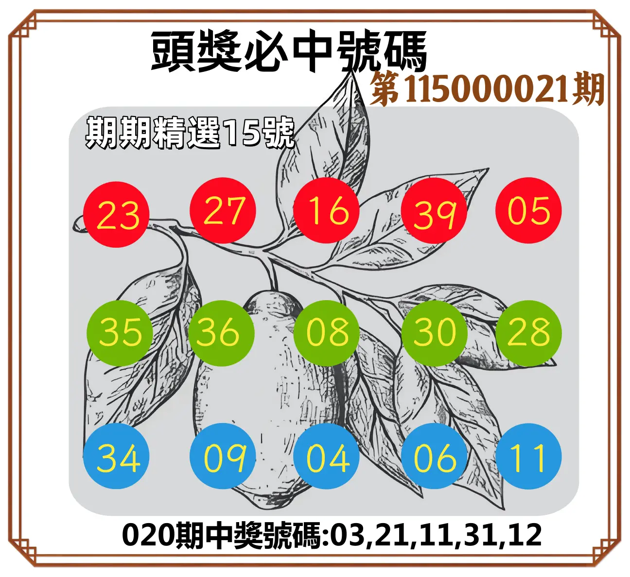 今彩539第115000021期(01/24)頭獎號碼