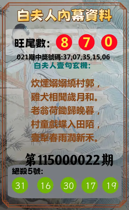 今彩539第115000022期(01/26)白夫人內幕資料