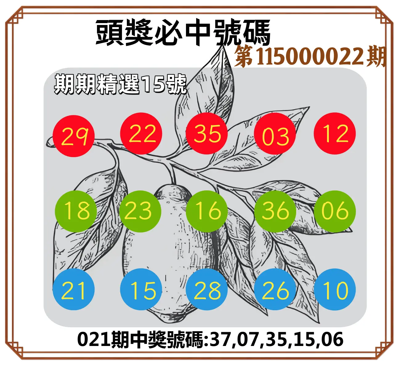 今彩539第115000022期(01/26)頭獎號碼