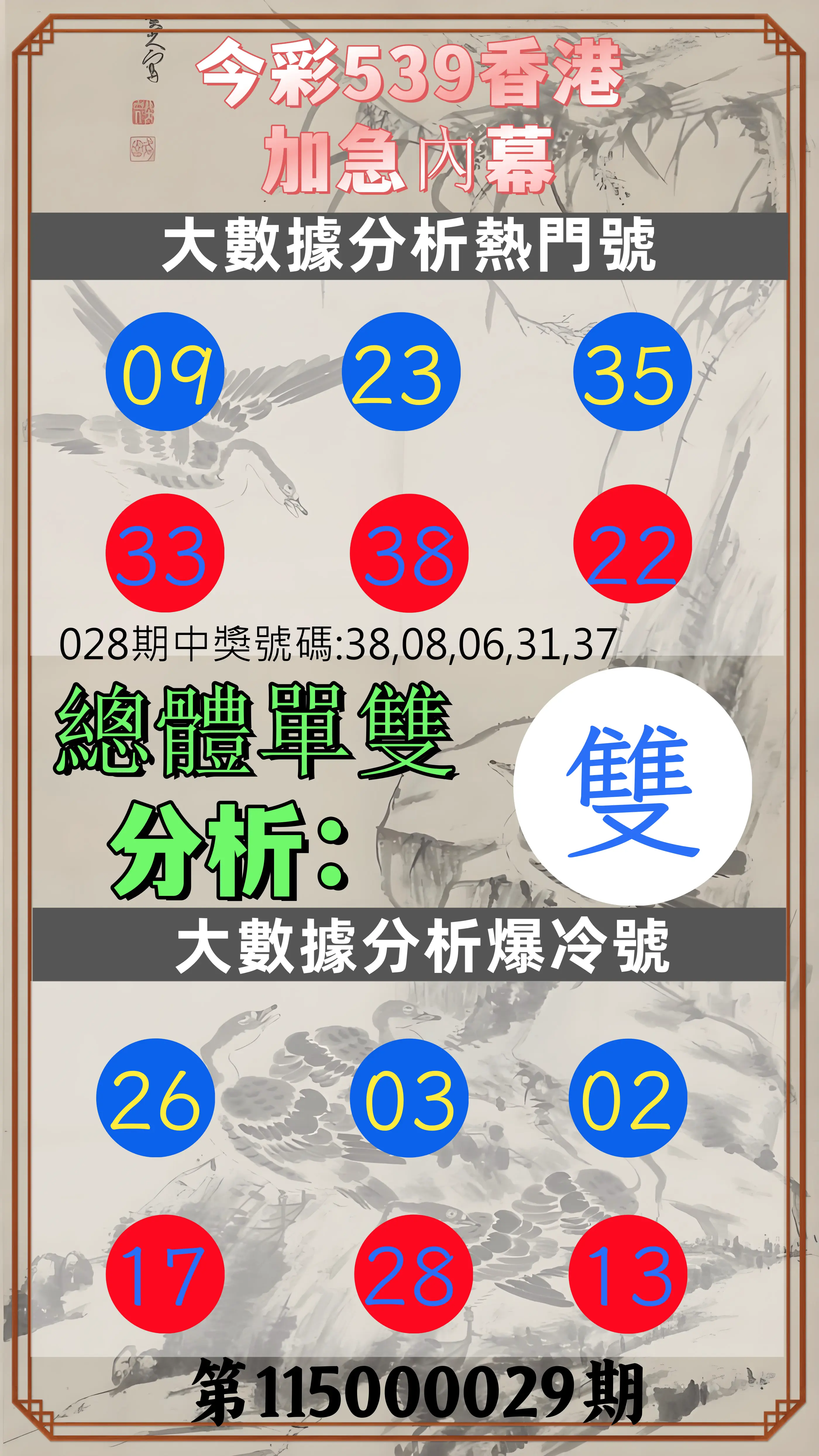 今彩539第115000029期(02/03)今彩539香港加急內幕
