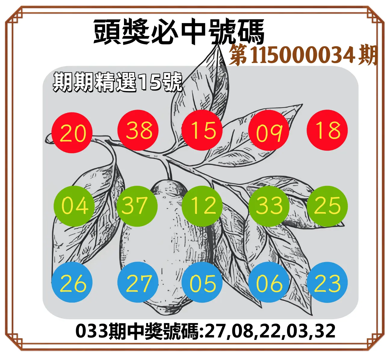 今彩539第115000034期(02/09)頭獎號碼