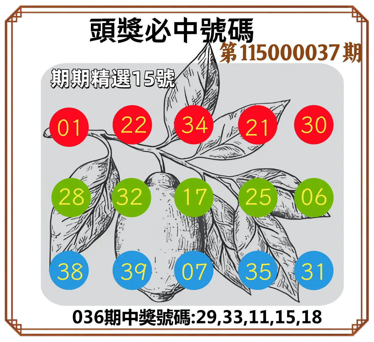 今彩539第115000037期(02/12)頭獎號碼