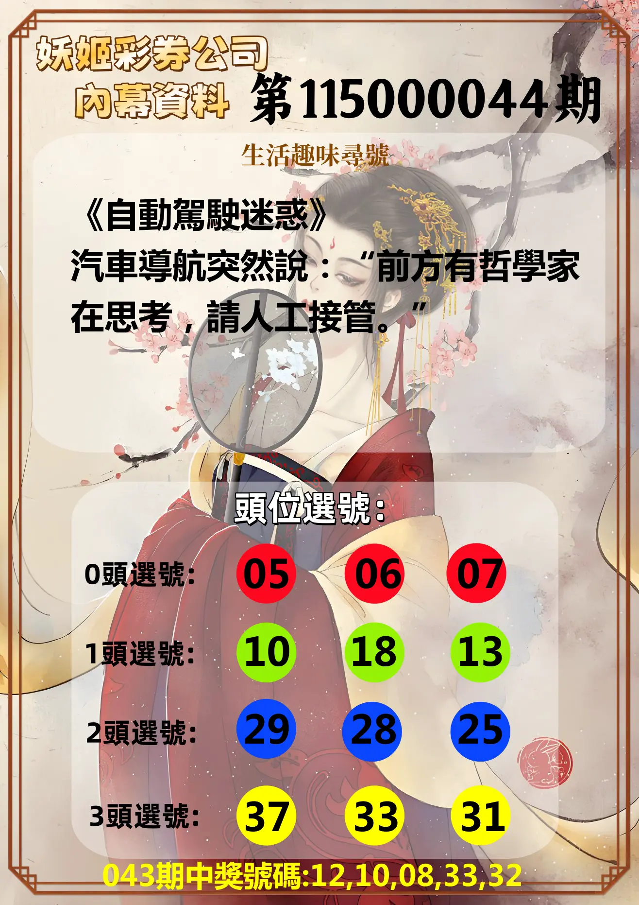 今彩539第115000044期(02/19)妖姬彩券公司內幕資料