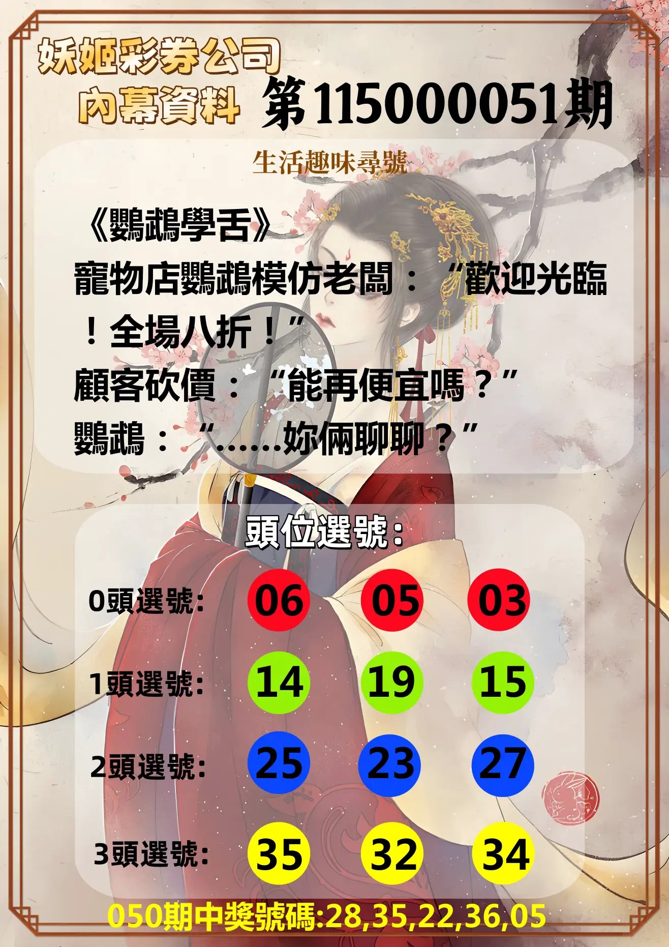 今彩539第115000051期(02/26)妖姬彩券公司內幕資料