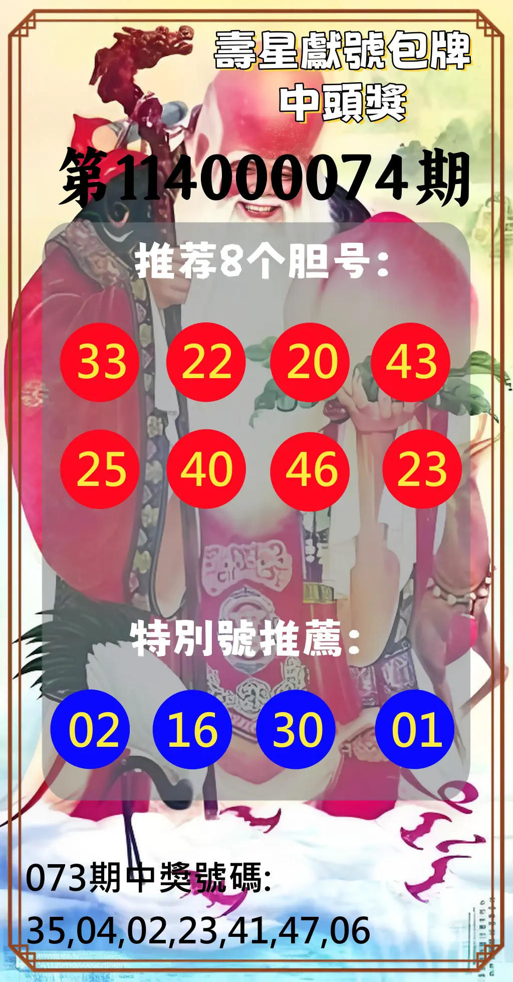 大樂透第114000074期(07/29)壽星獻號包牌中頭獎