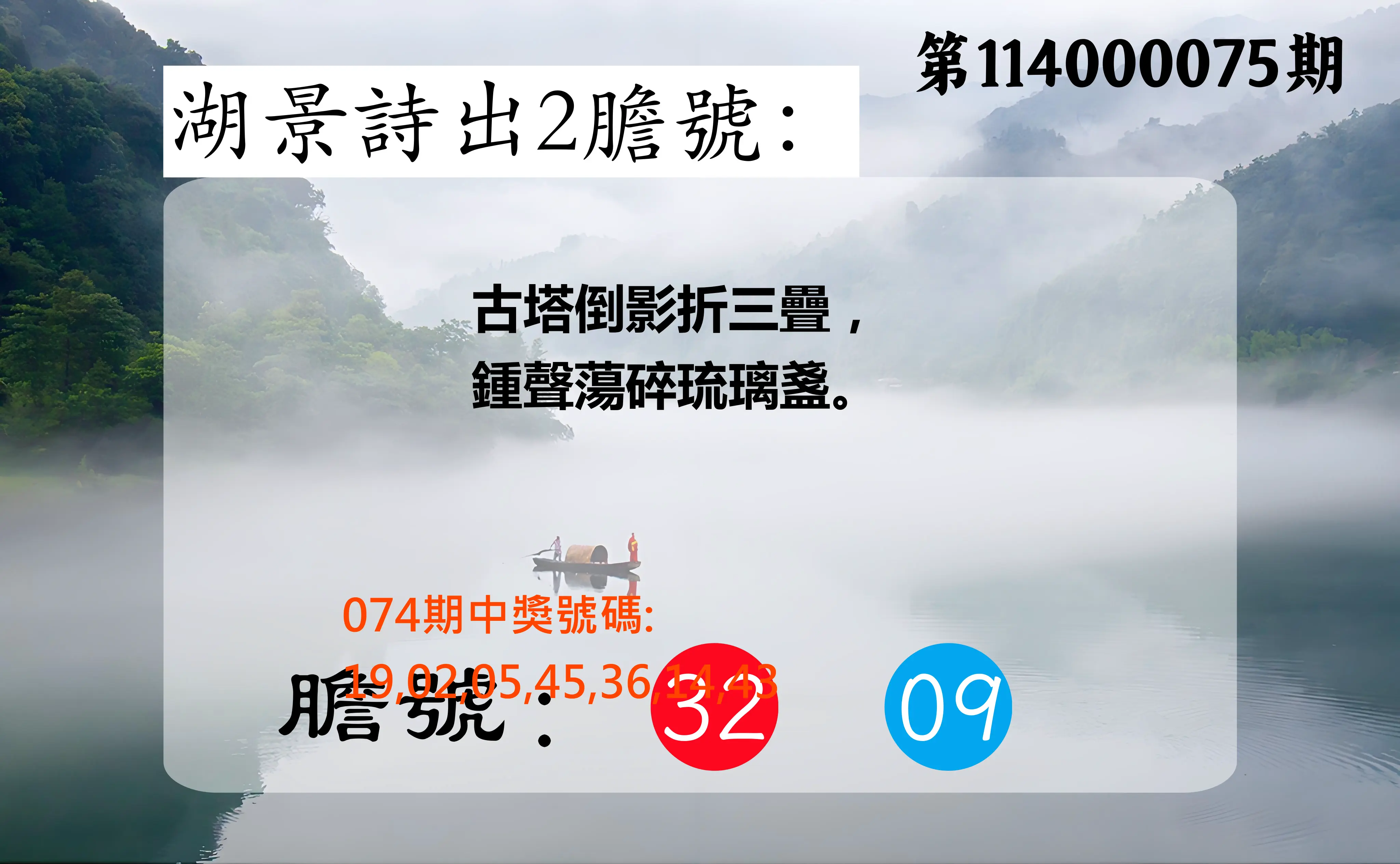 大樂透第114000075期(08/01)湖景詩出2膽號