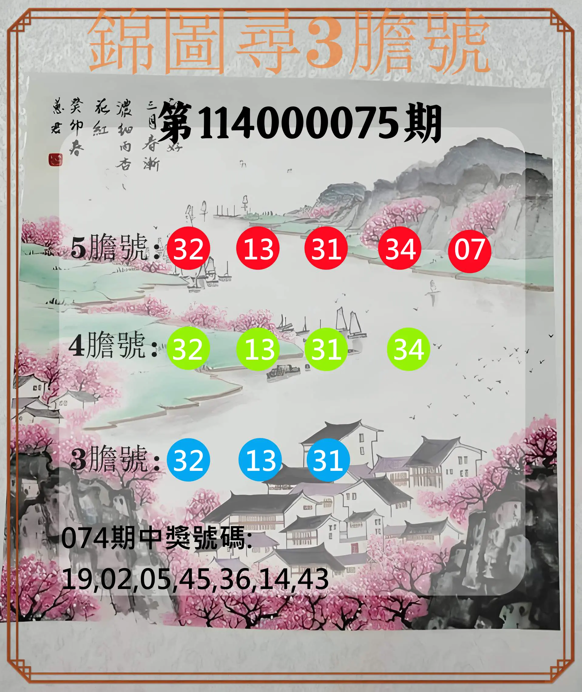 大樂透第114000075期(08/01)錦圖尋3膽號
