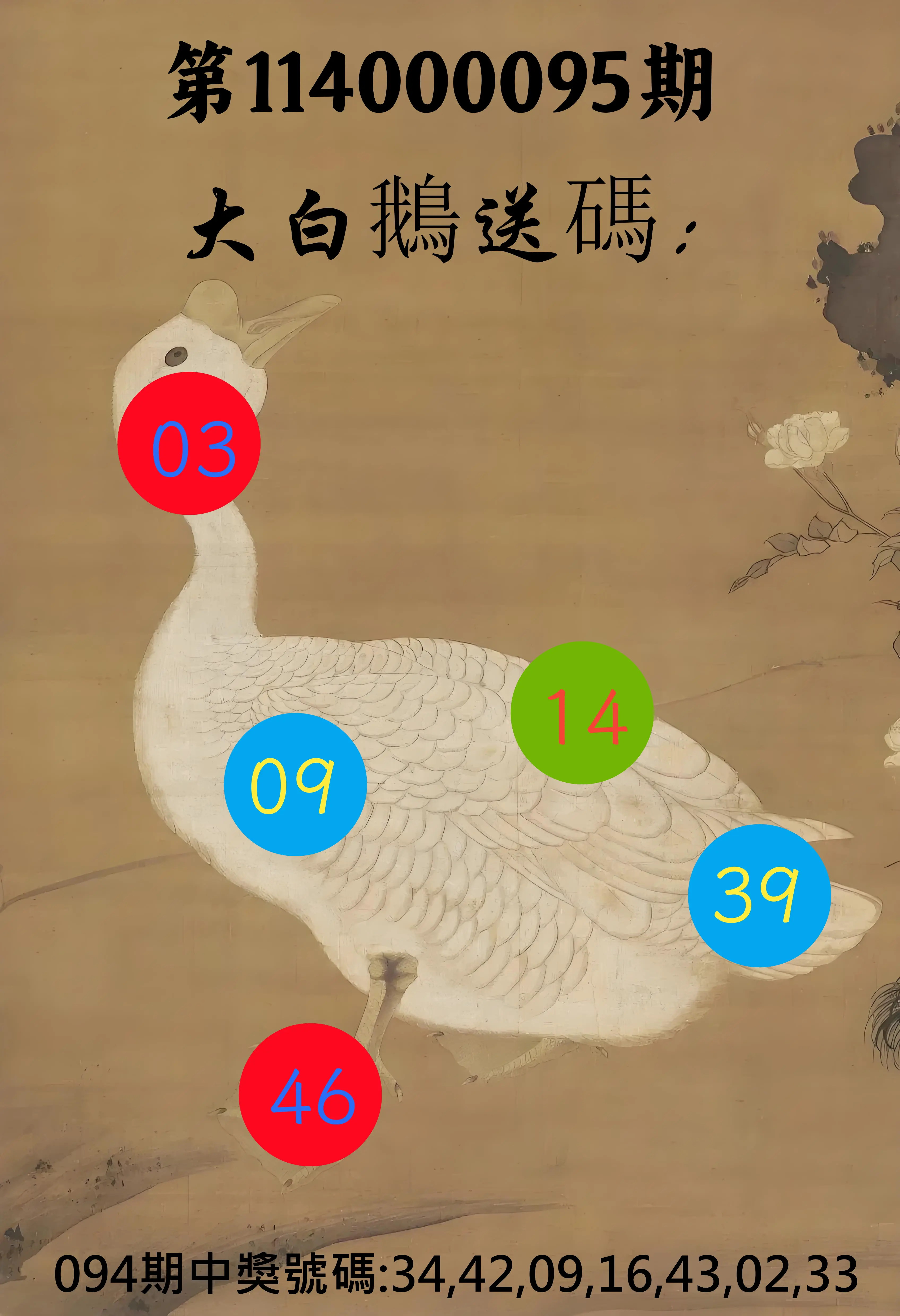 大樂透第114000095期(10/10)大白鵝送碼