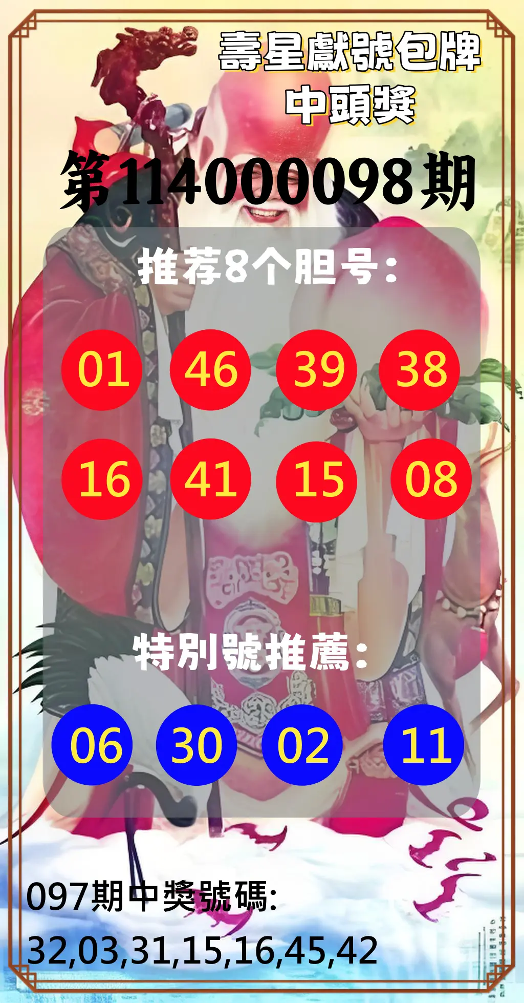 大樂透第114000098期(10/21)壽星獻號包牌中頭獎