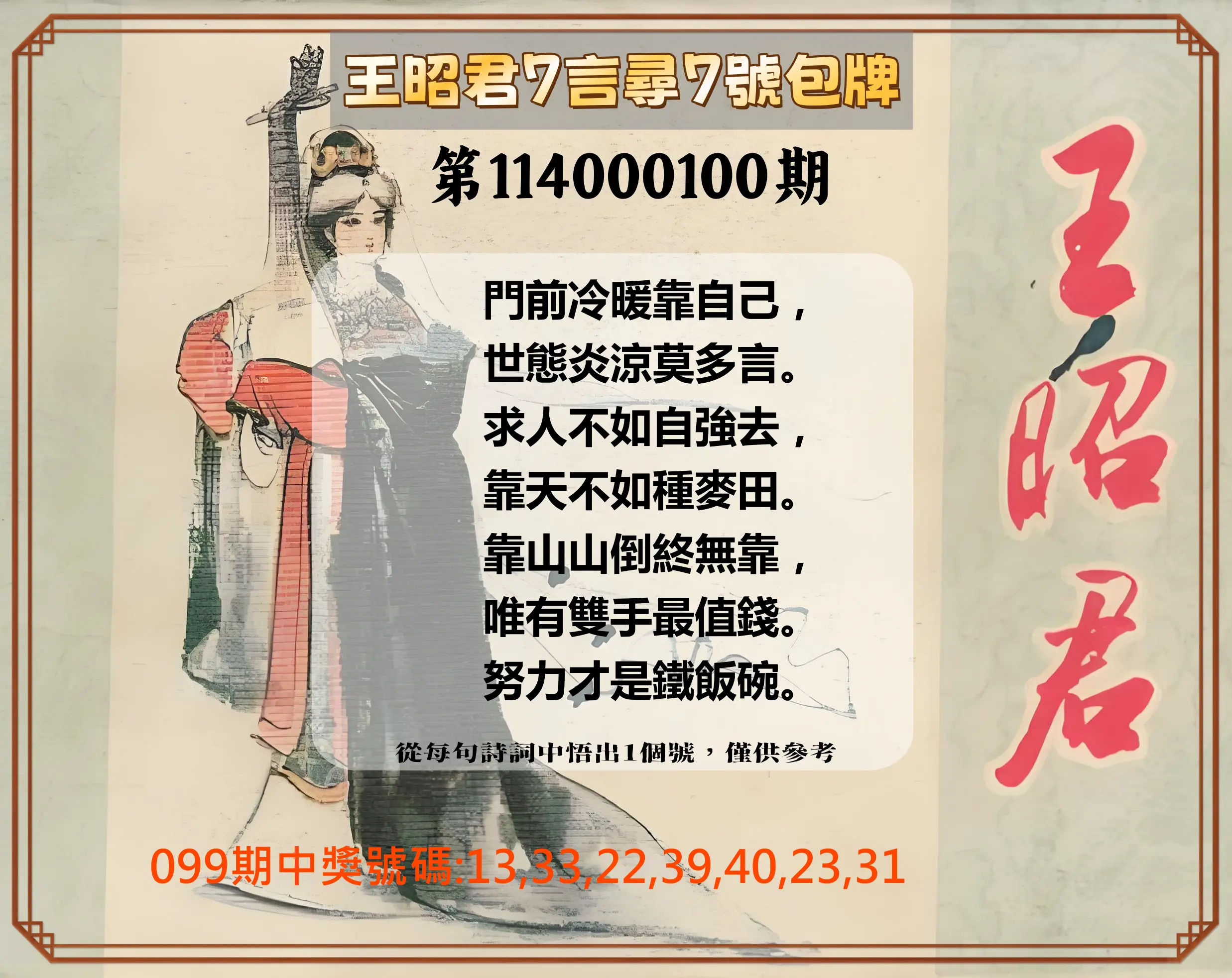 大樂透第114000100期(10/28)王昭君7言尋7號包牌