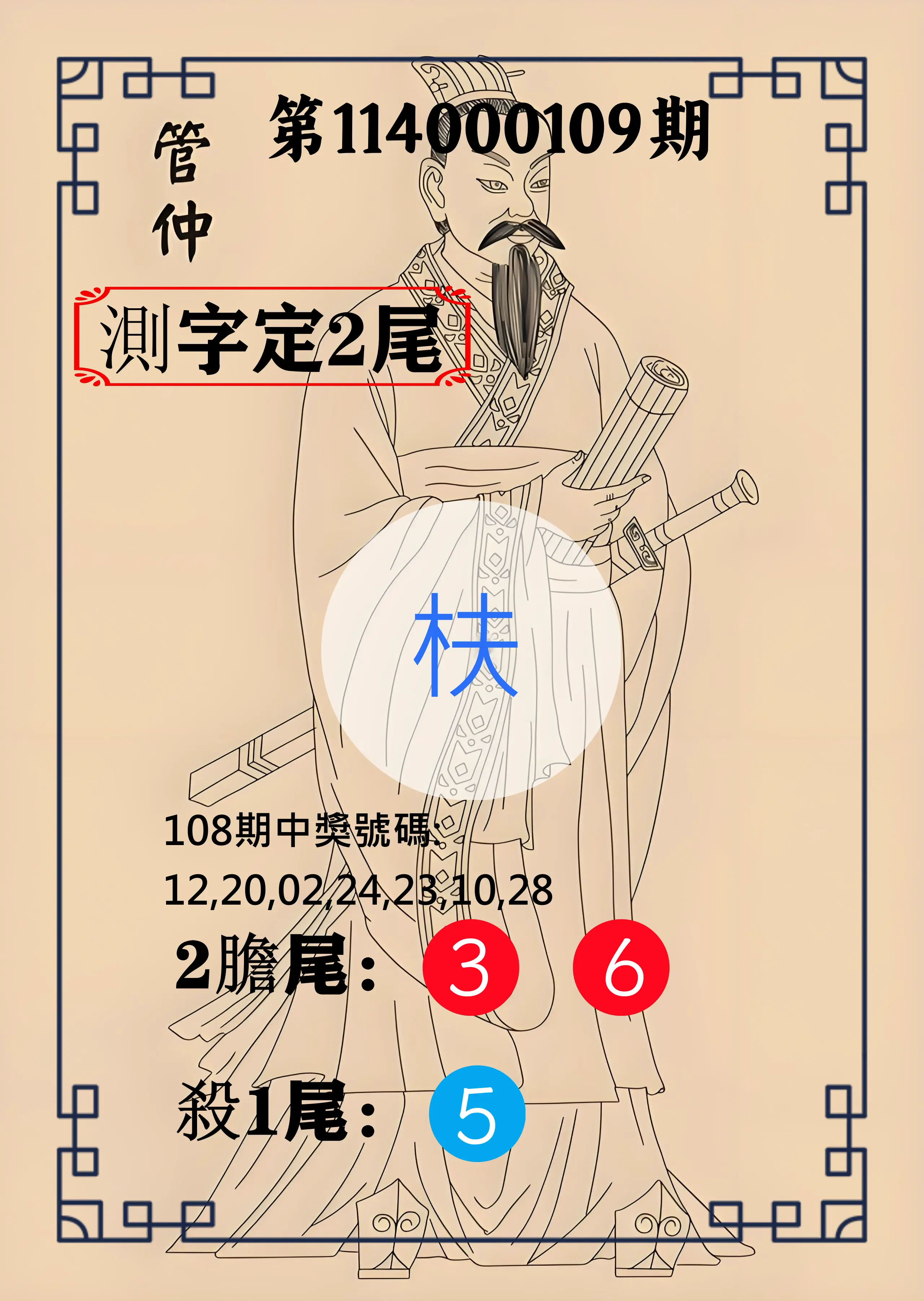 大樂透第114000109期(11/28)管仲測字定2尾