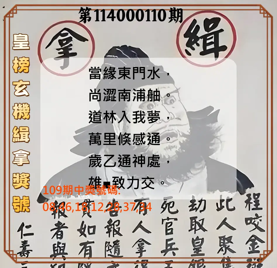 大樂透第114000110期(12/02)皇榜玄機緝拿獎號
