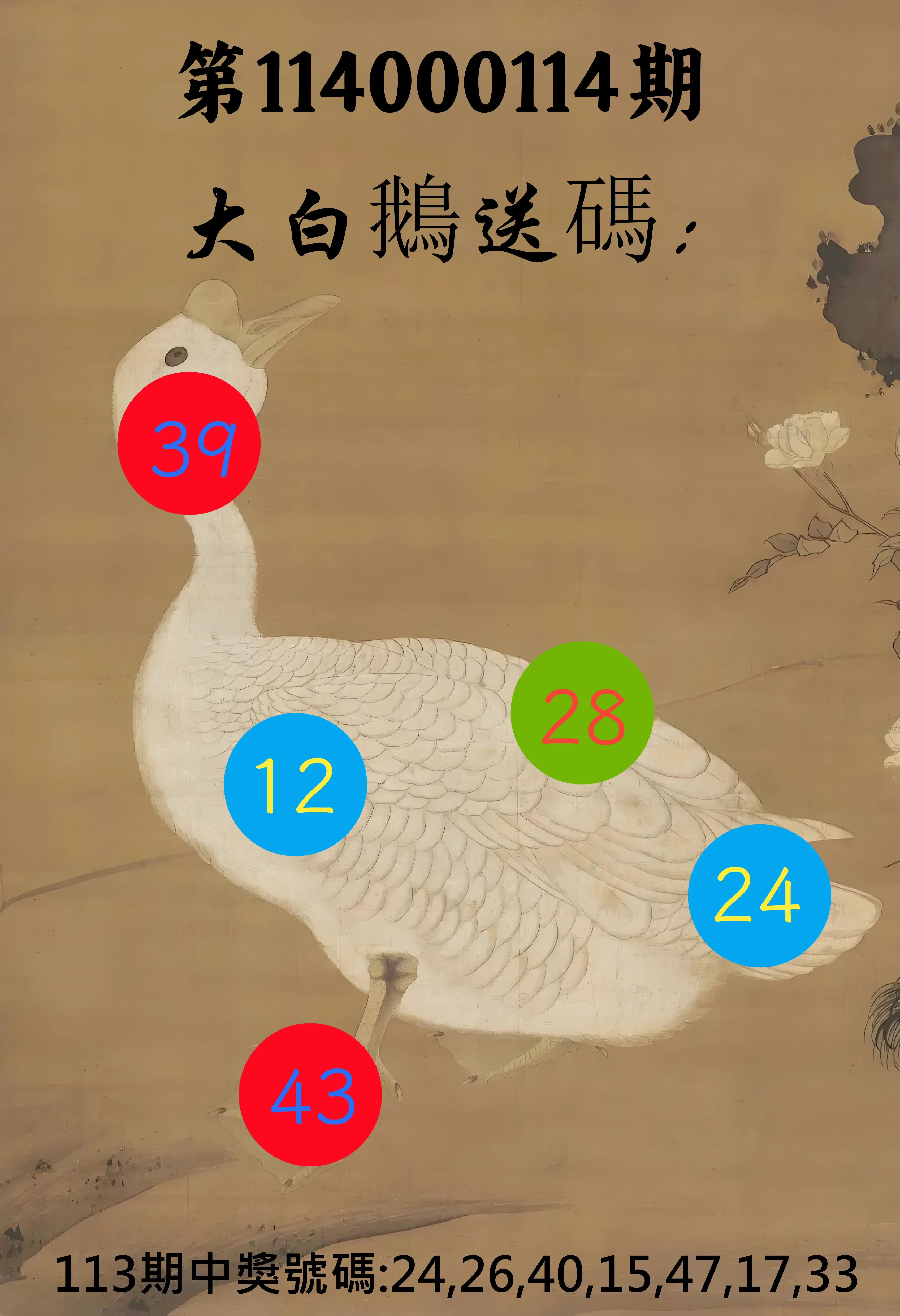 大樂透第114000114期(12/16)大白鵝送碼