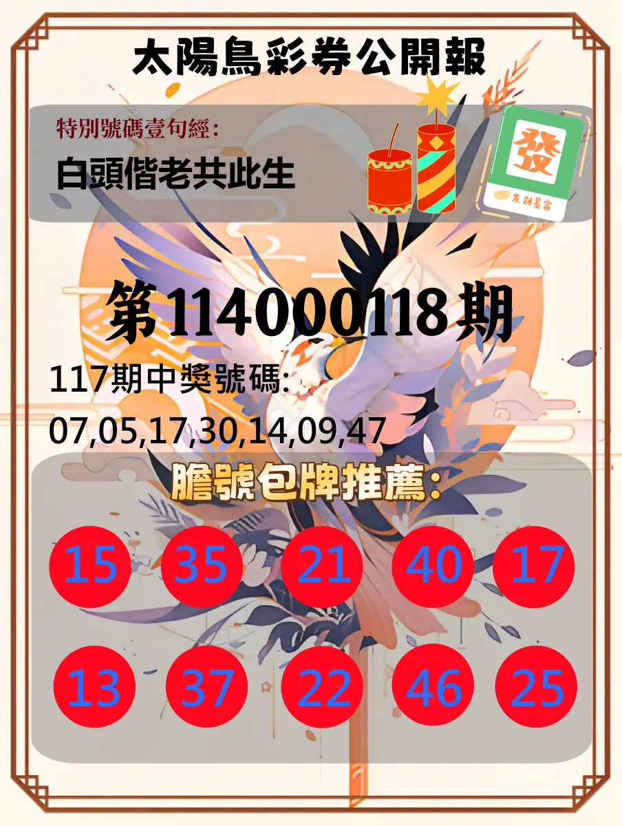 大樂透第114000118期(12/30)太陽鳥彩券公開報