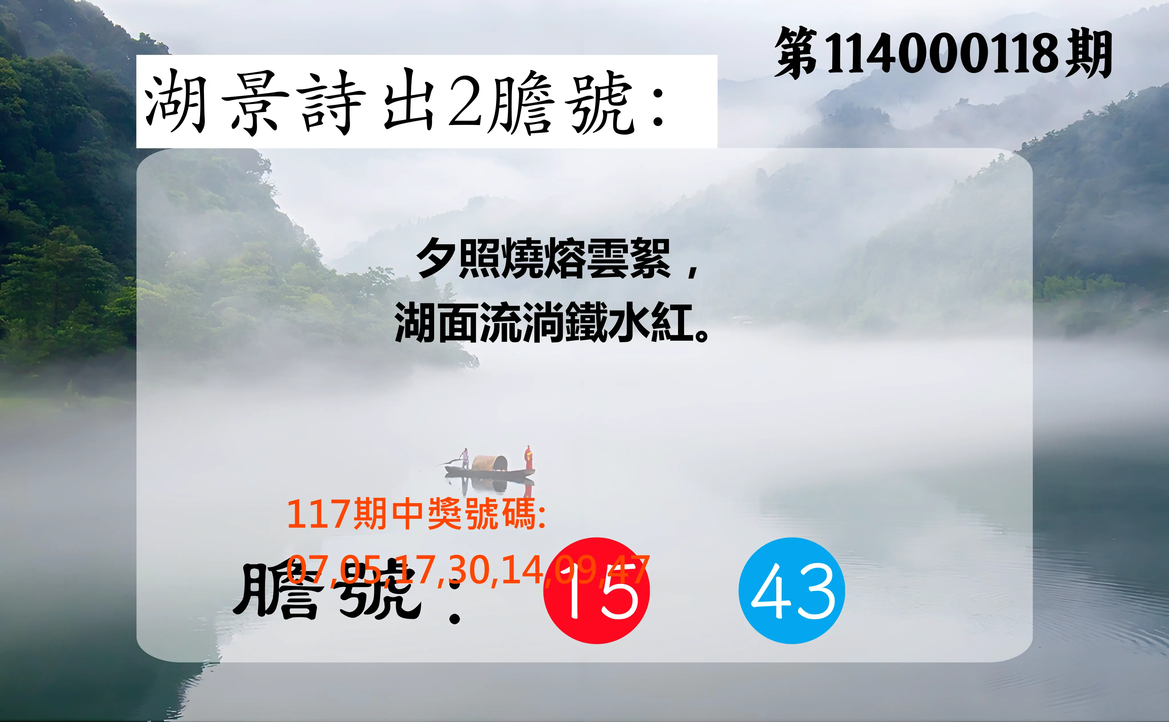 大樂透第114000118期(12/30)湖景詩出2膽號