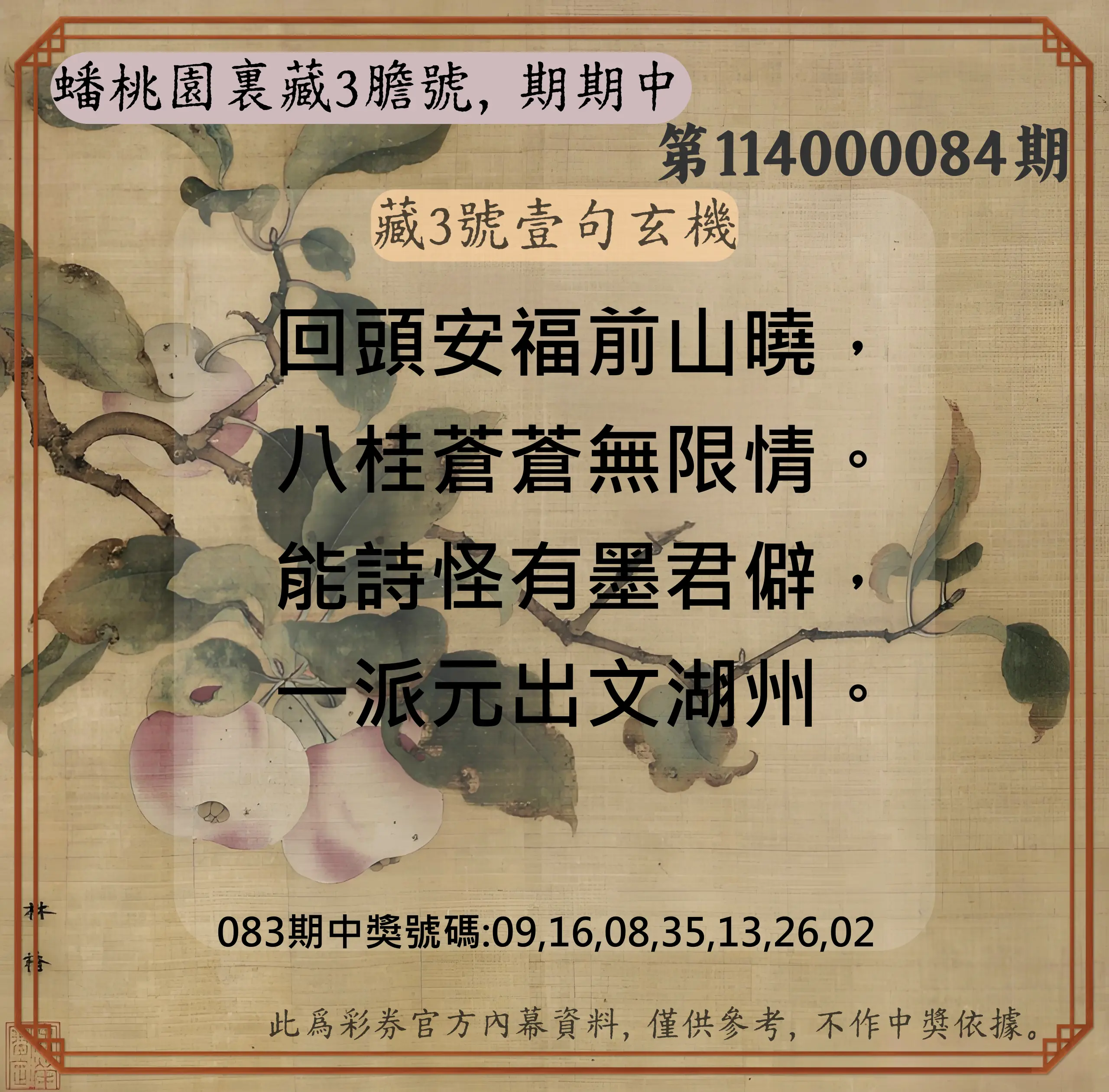 威力彩第114000084期(10/20)蟠桃園裏藏3膽號，期期中