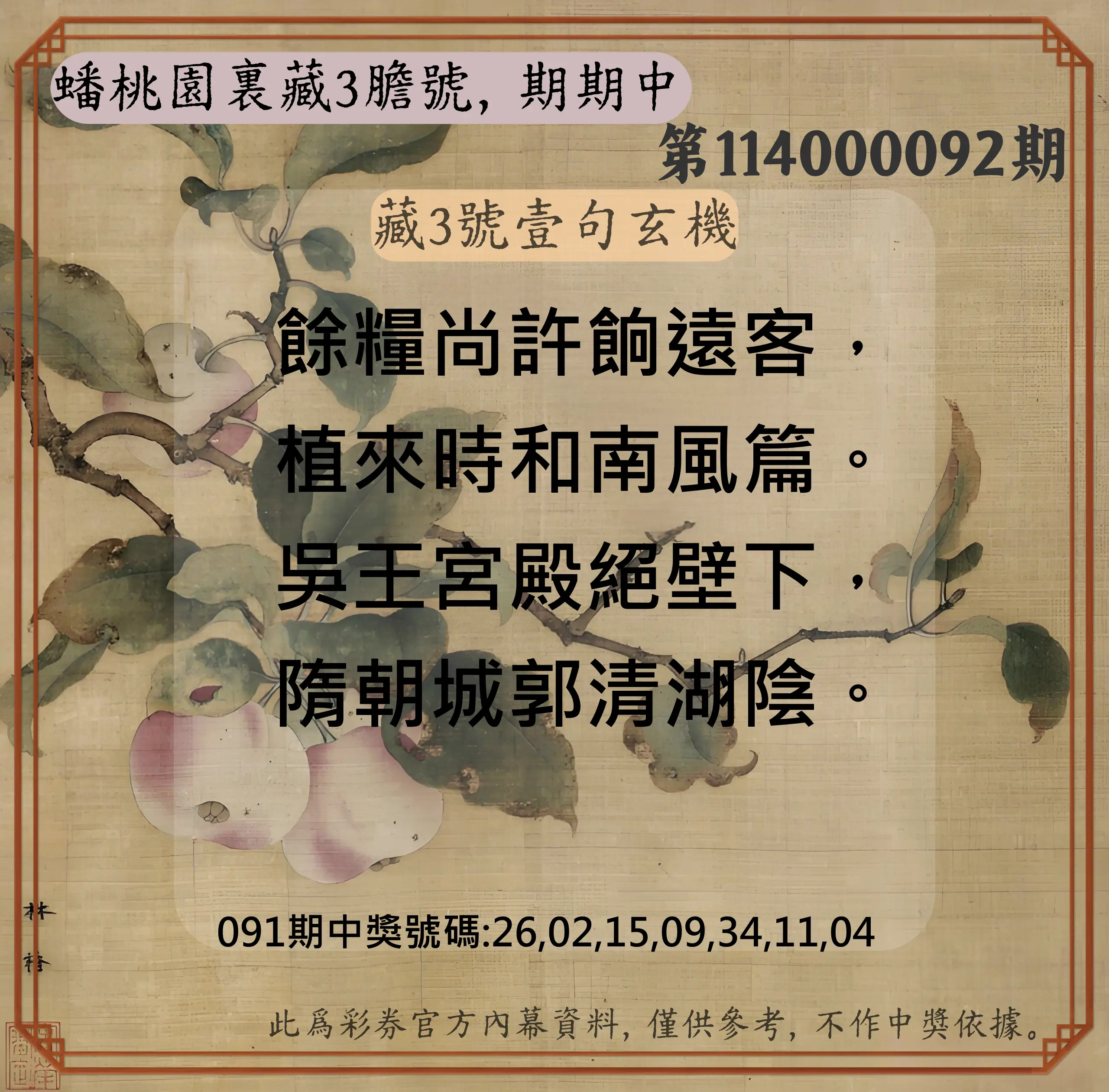 威力彩第114000092期(11/17)蟠桃園裏藏3膽號，期期中