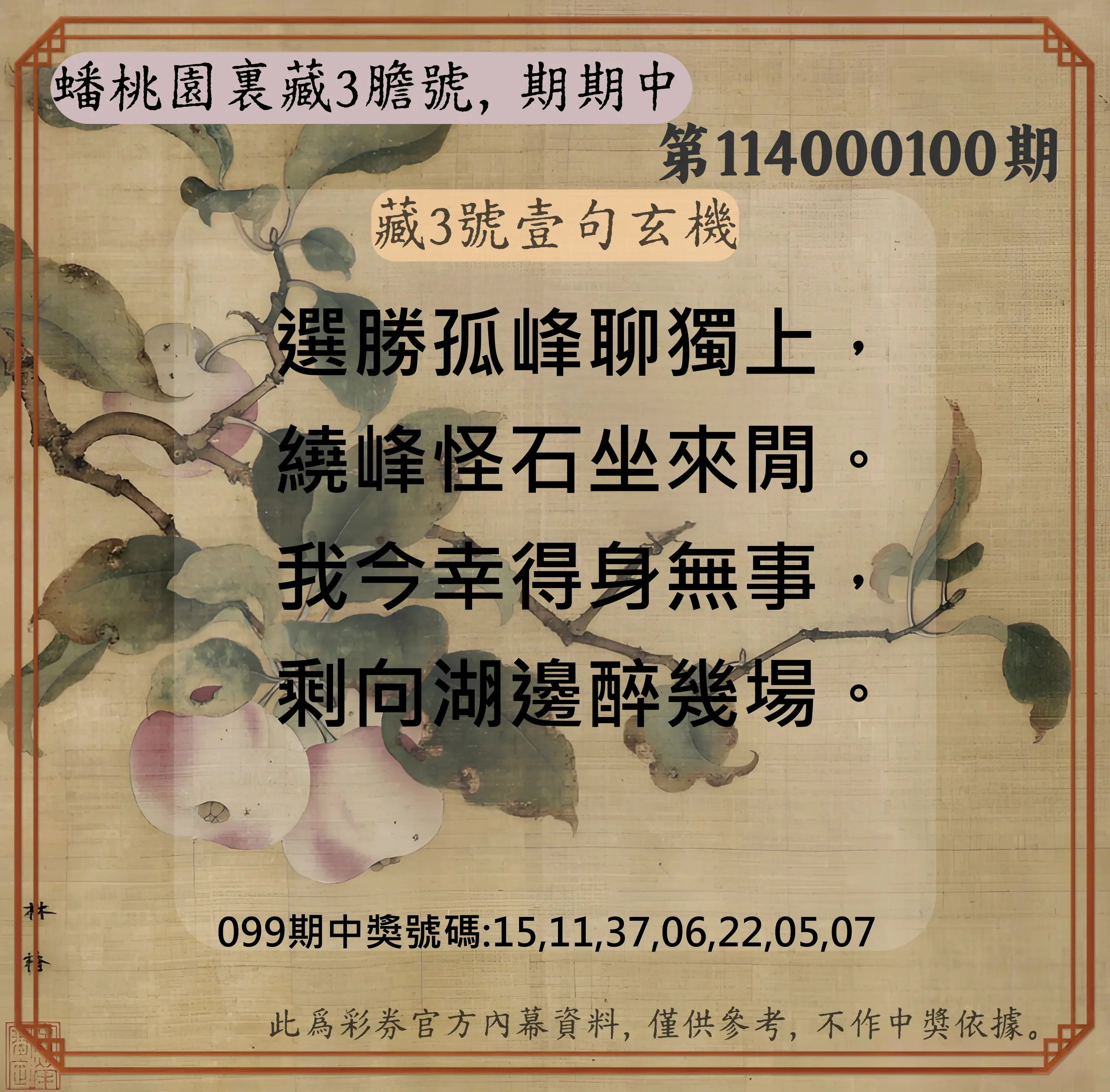 威力彩第114000100期(12/15)蟠桃園裏藏3膽號，期期中