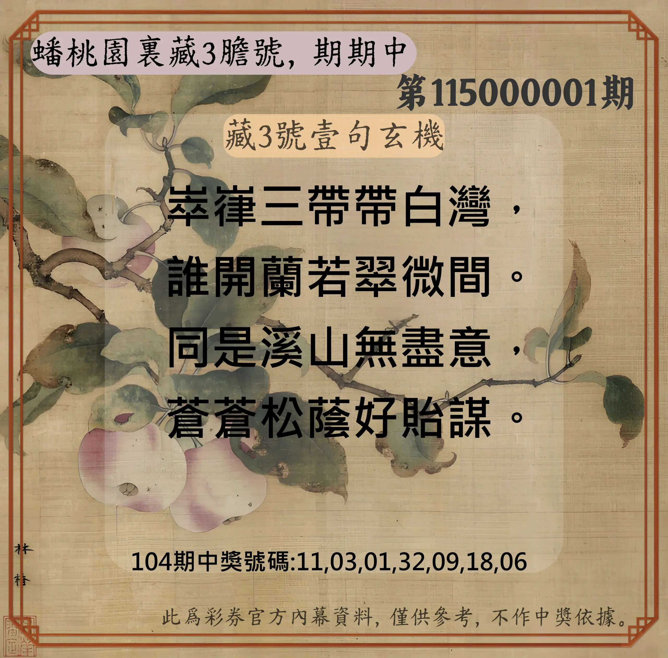 威力彩第115000001期(01/01)蟠桃園裏藏3膽號，期期中