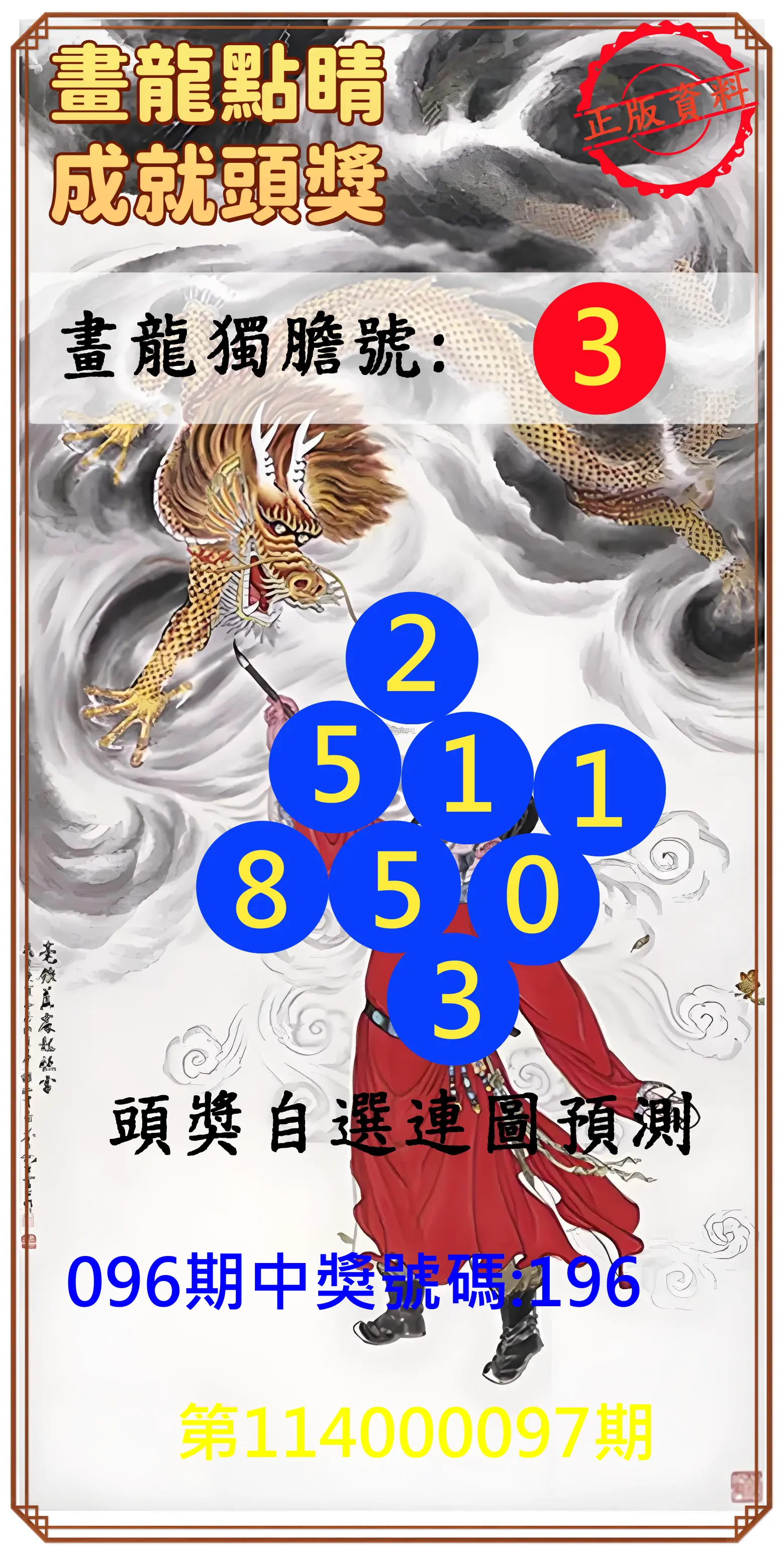 3星彩第114000097期畫龍點睛成就頭獎