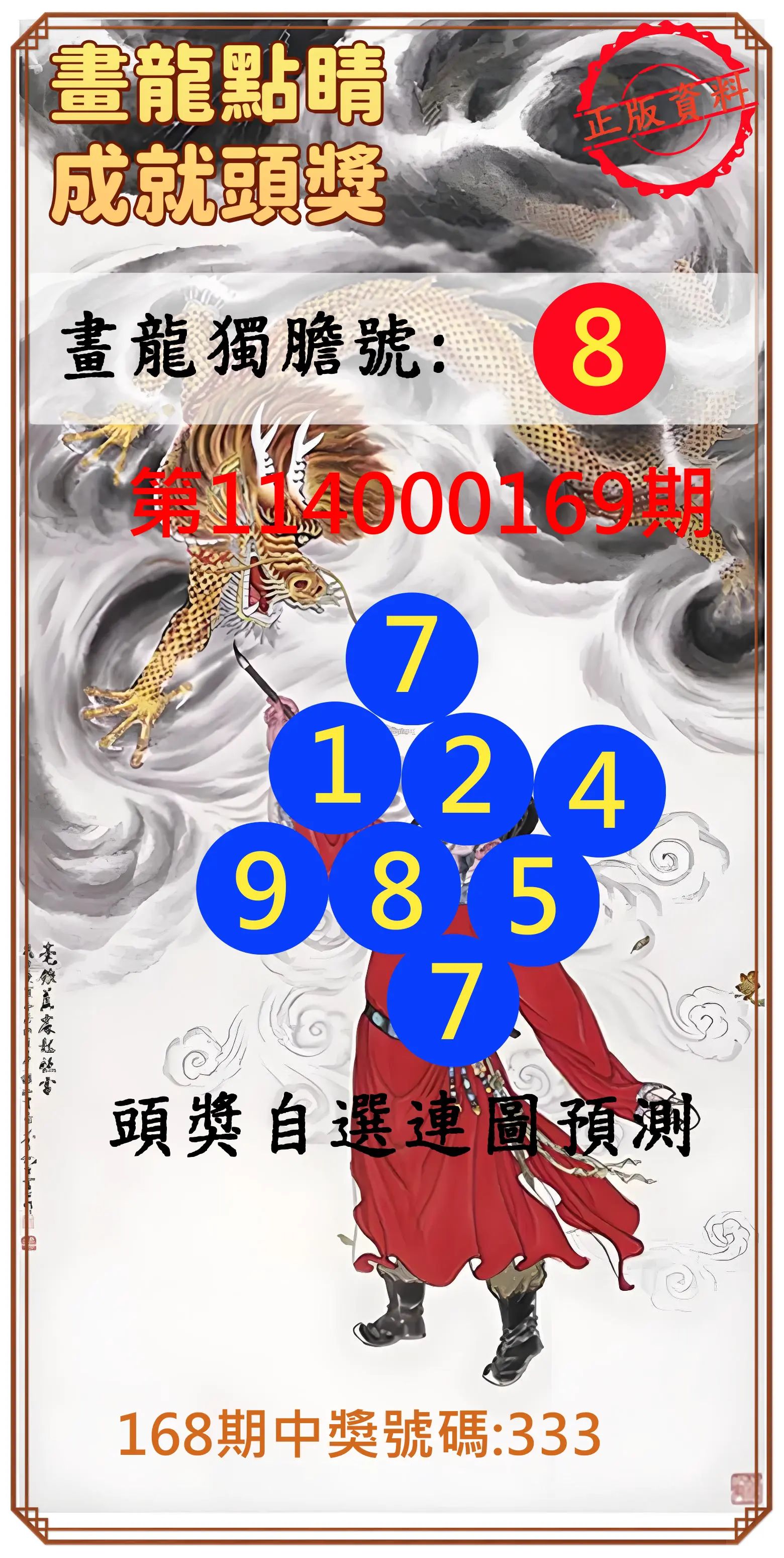 3星彩第114000169期(07/12)畫龍點睛成就頭獎