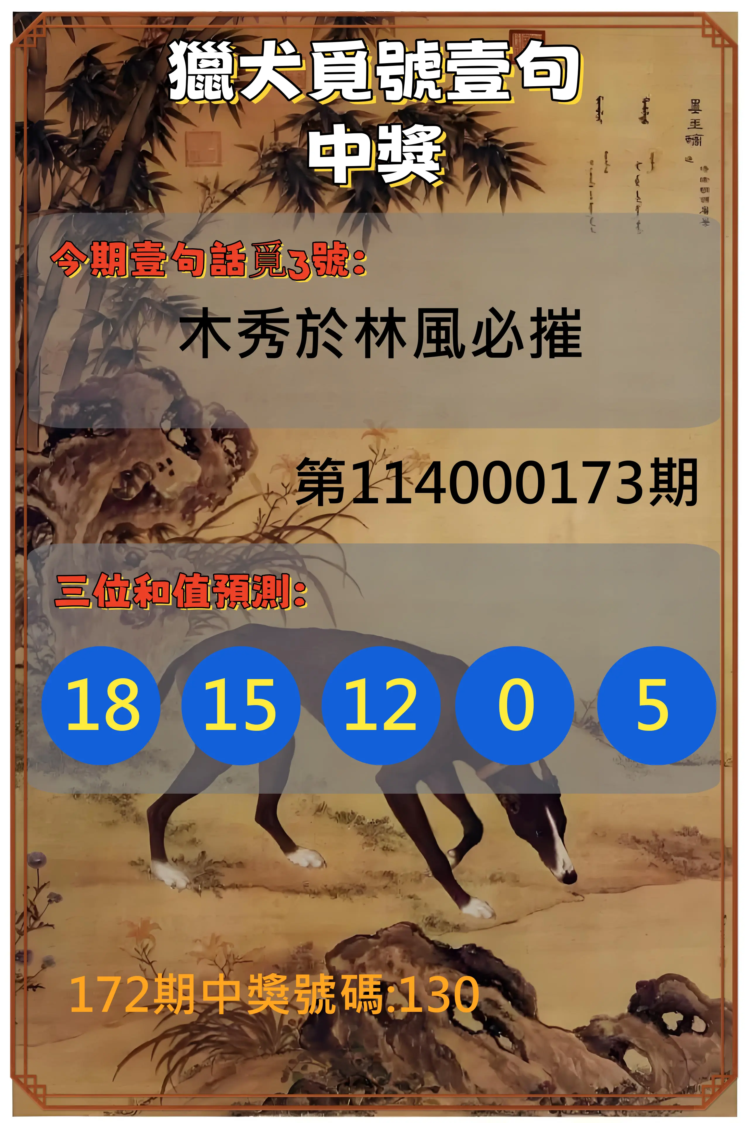 3星彩第114000173期(07/17)獵犬覓號壹句中獎