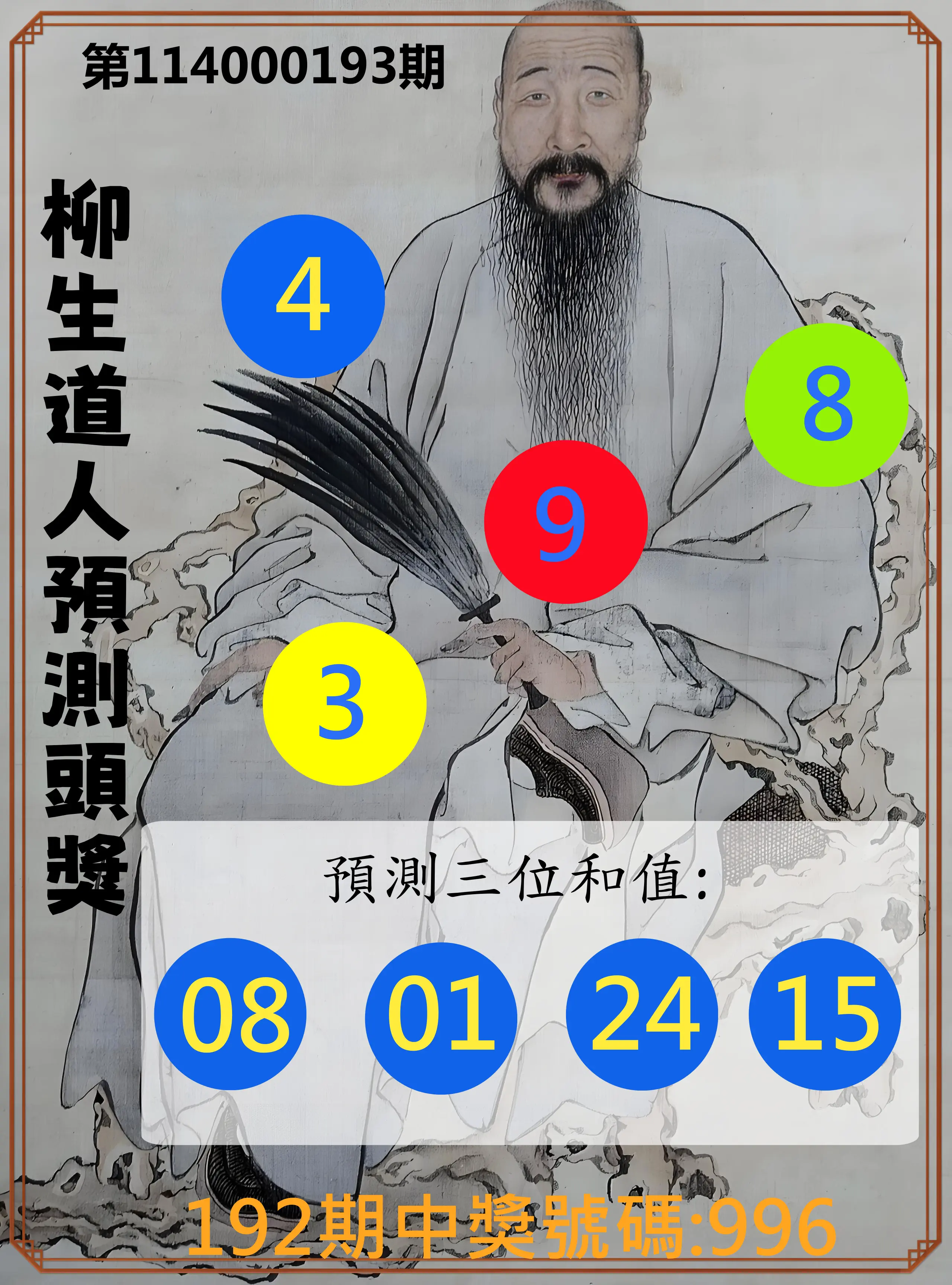 3星彩第114000193期(08/09)柳生道人預測頭獎
