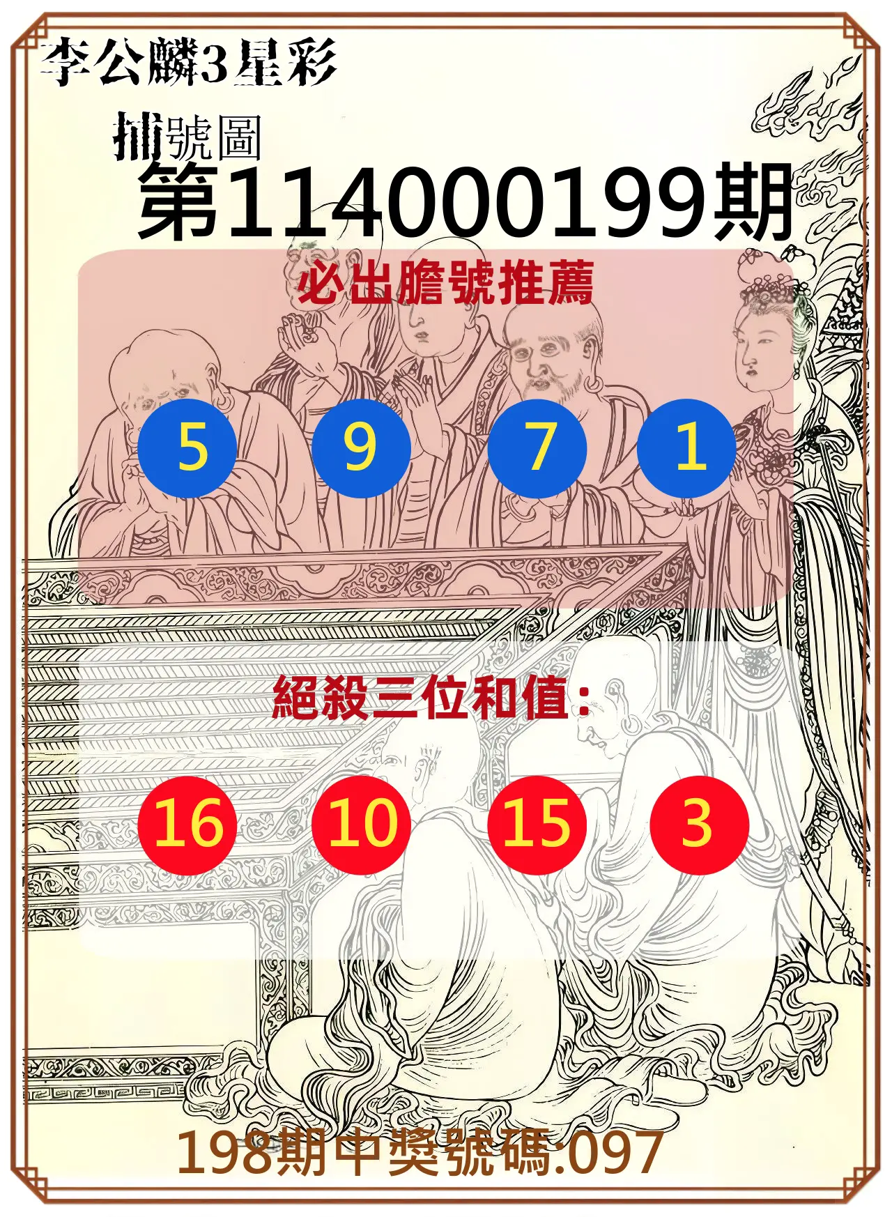 3星彩第114000199期(08/16)李公麟3星彩捕號圖