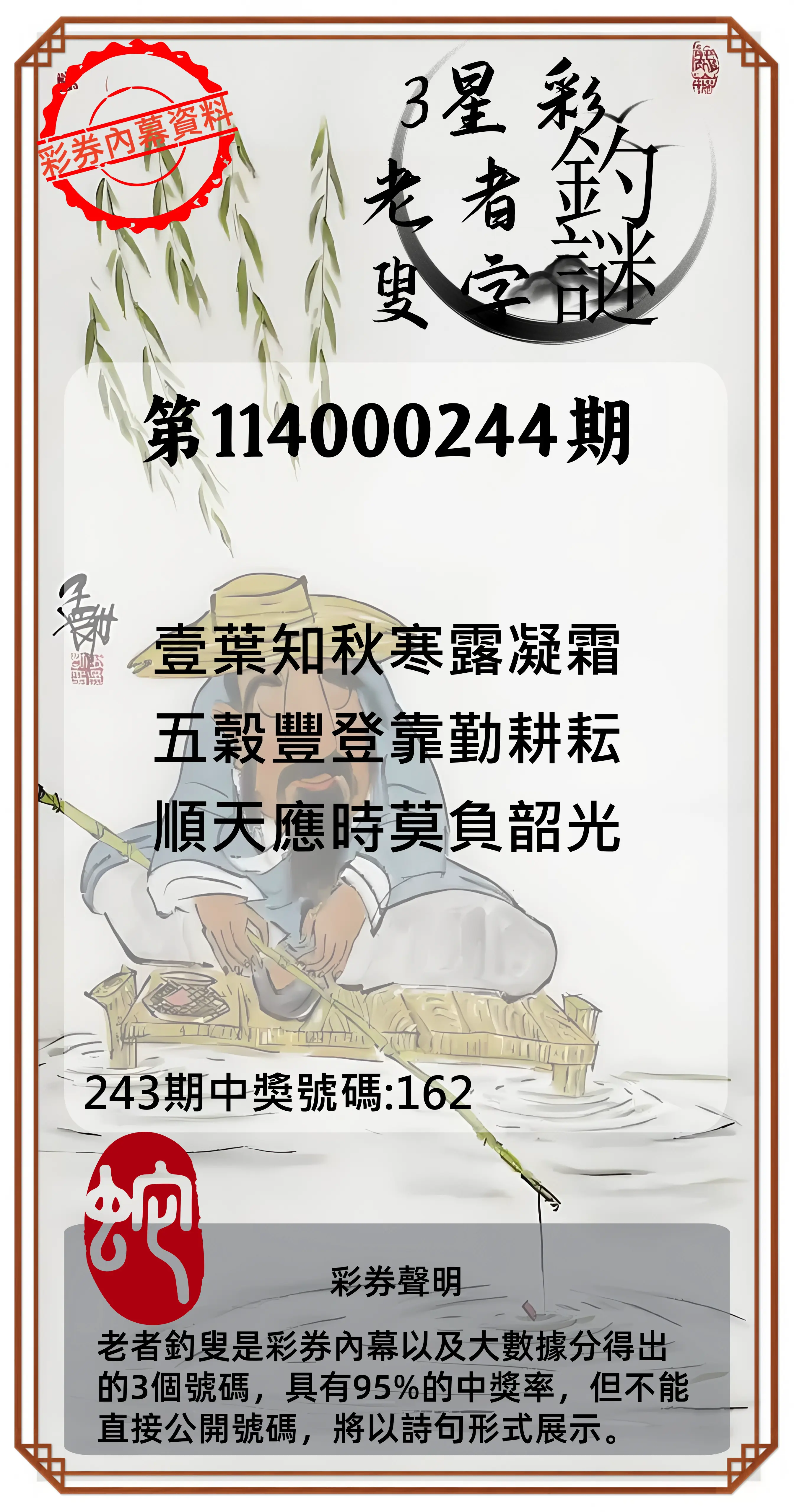 3星彩第114000244期(10/08)老者釣叟頭獎