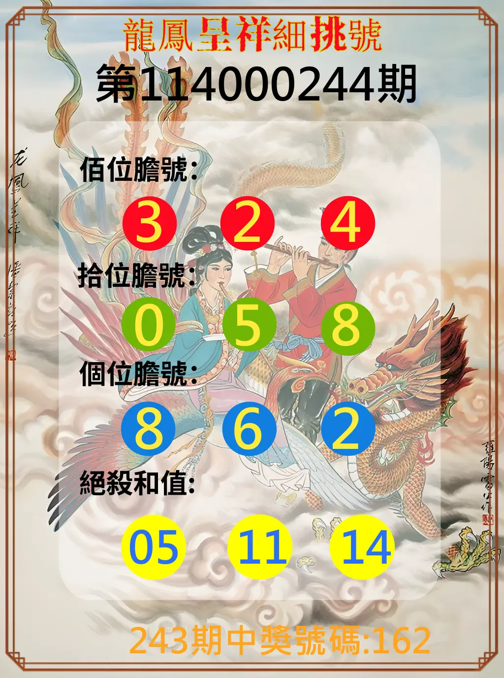 3星彩第114000244期(10/08)龍鳳呈祥細挑號