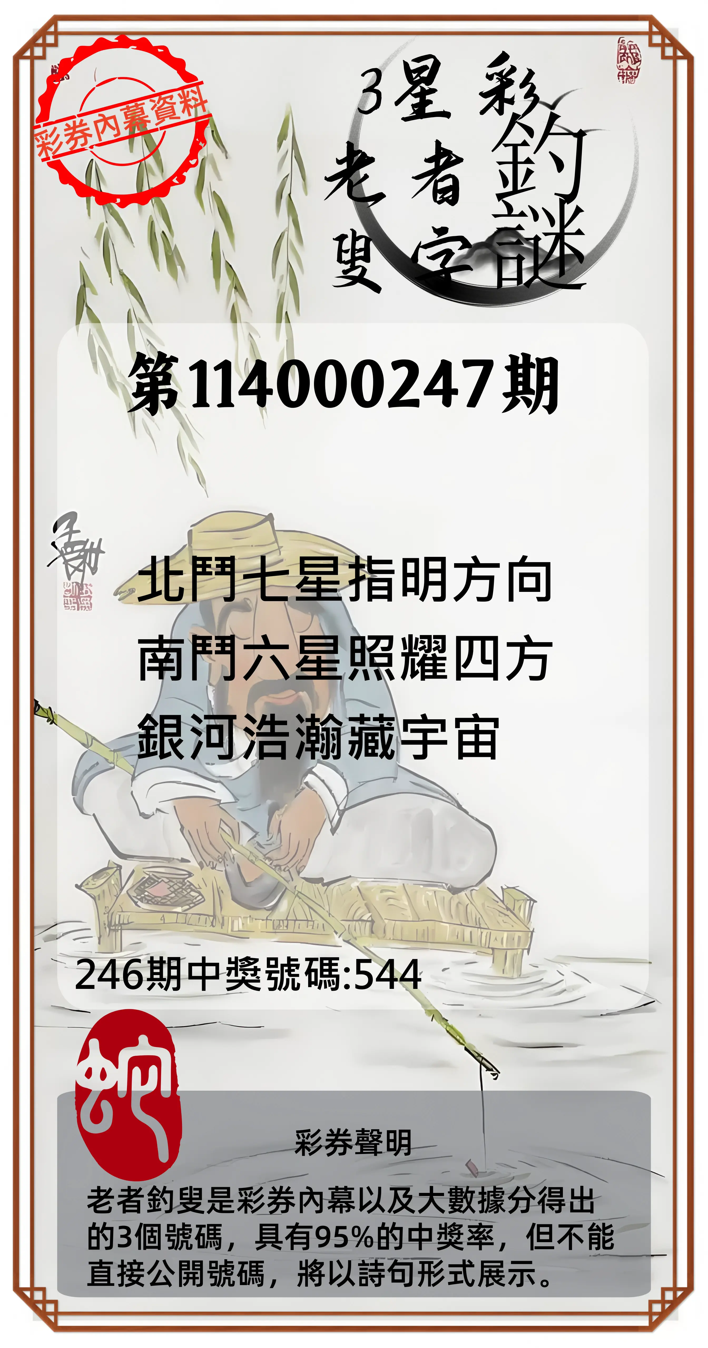 3星彩第114000247期(10/11)老者釣叟頭獎