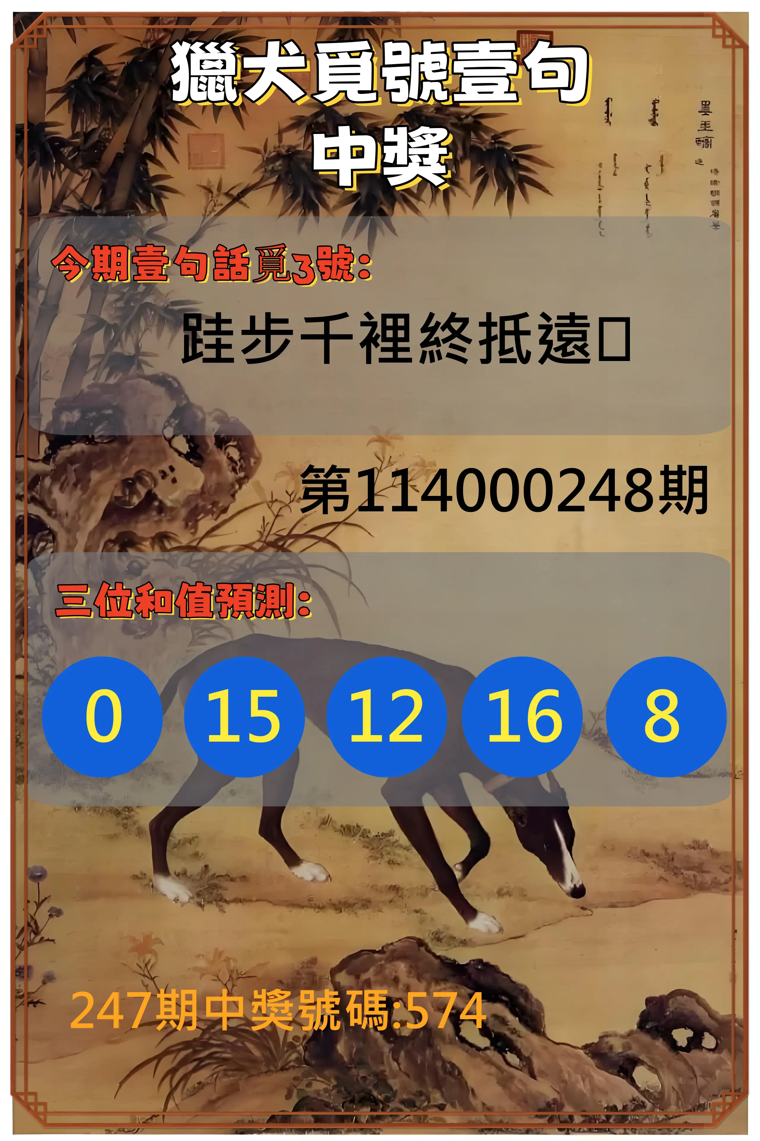 3星彩第114000248期(10/13)獵犬覓號壹句中獎