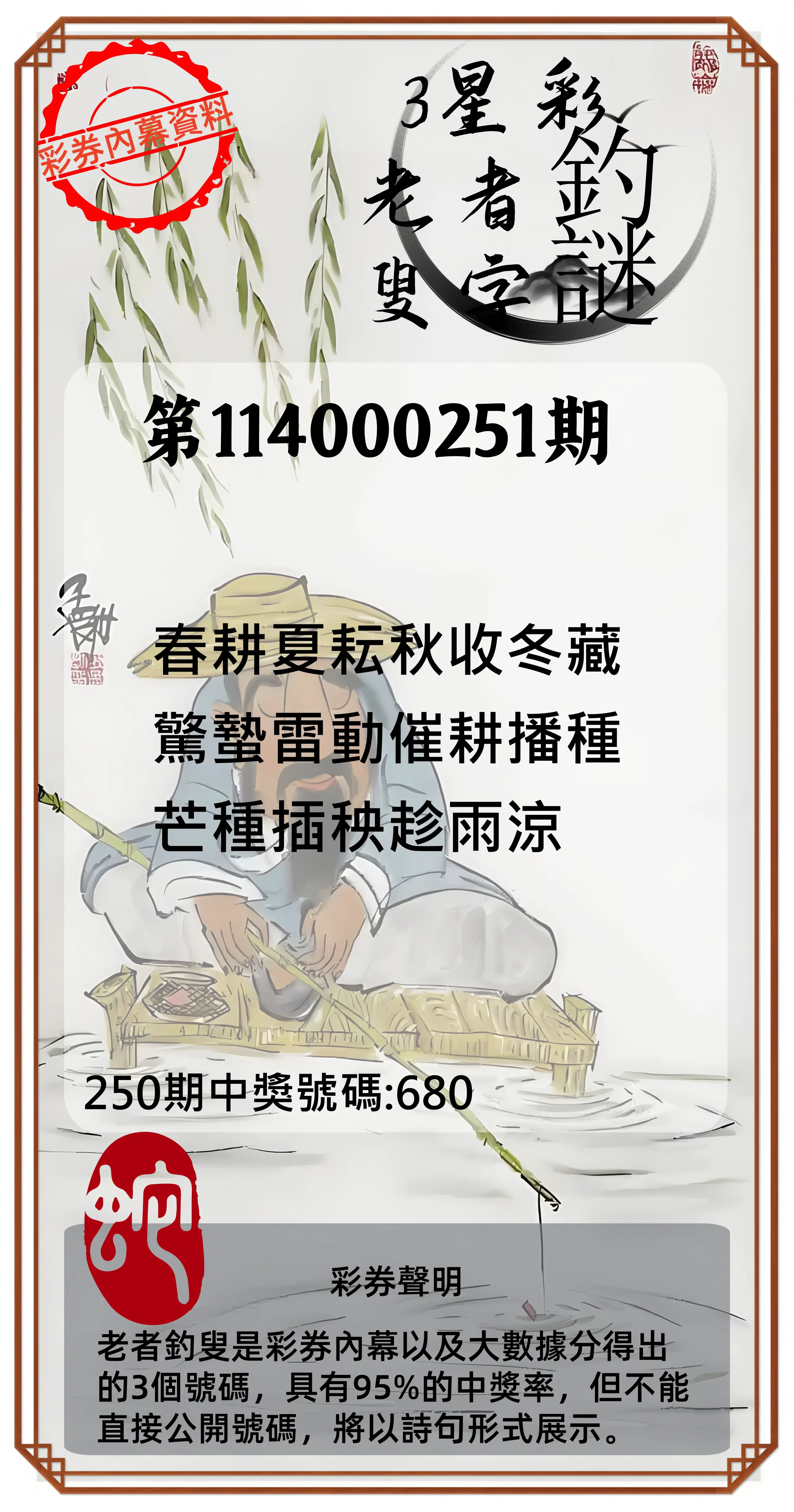 3星彩第114000251期(10/16)老者釣叟頭獎