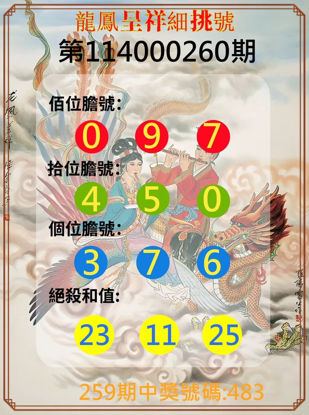 3星彩第114000260期(10/27)龍鳳呈祥細挑號