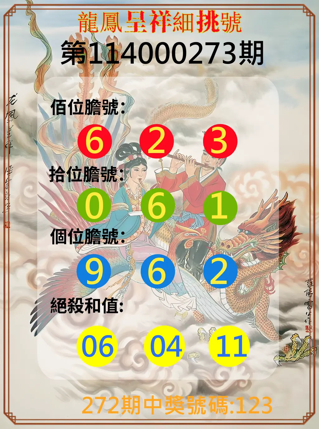 3星彩第114000273期(11/11)龍鳳呈祥細挑號