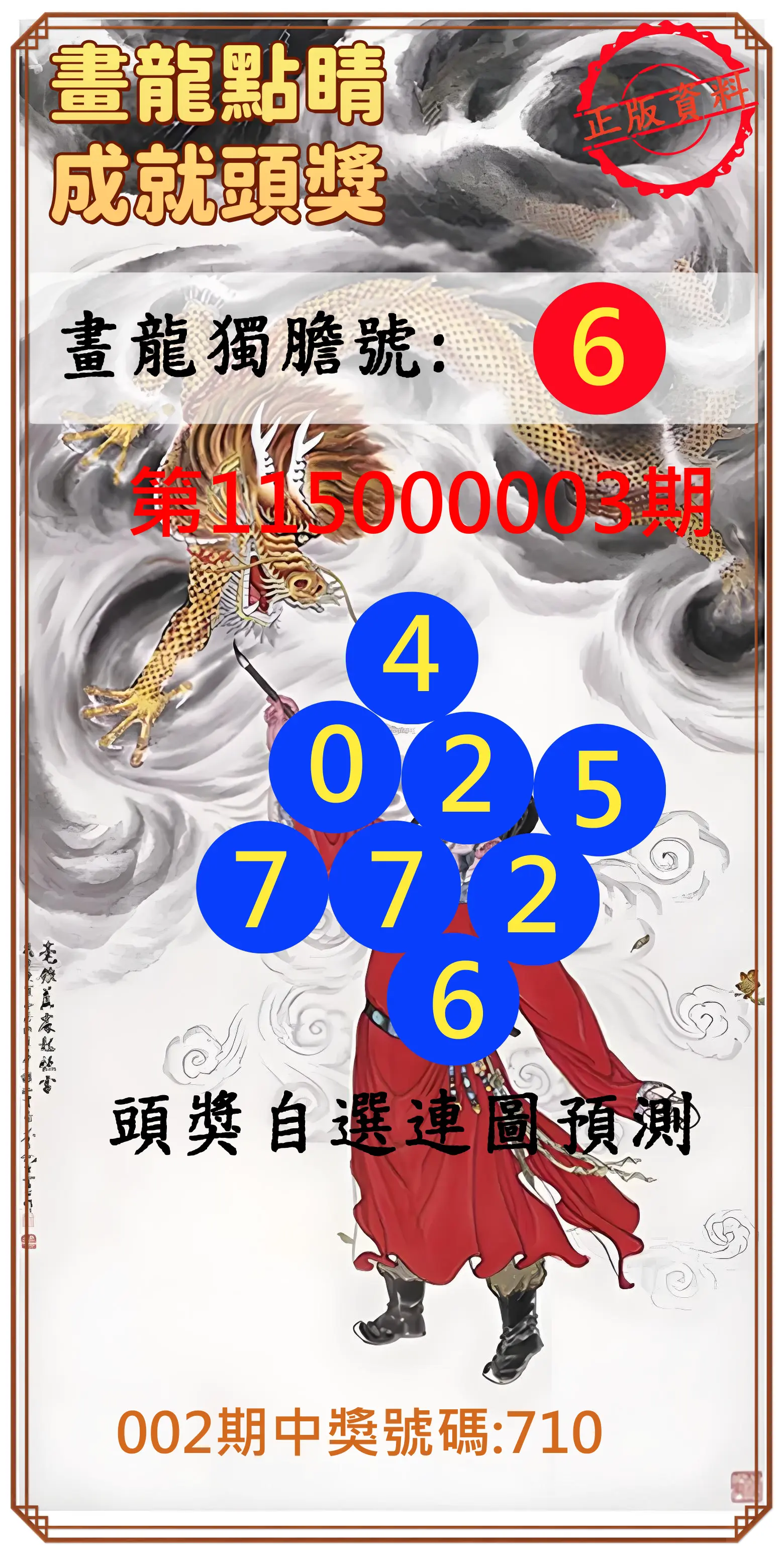 3星彩第115000003期(01/03)畫龍點睛成就頭獎