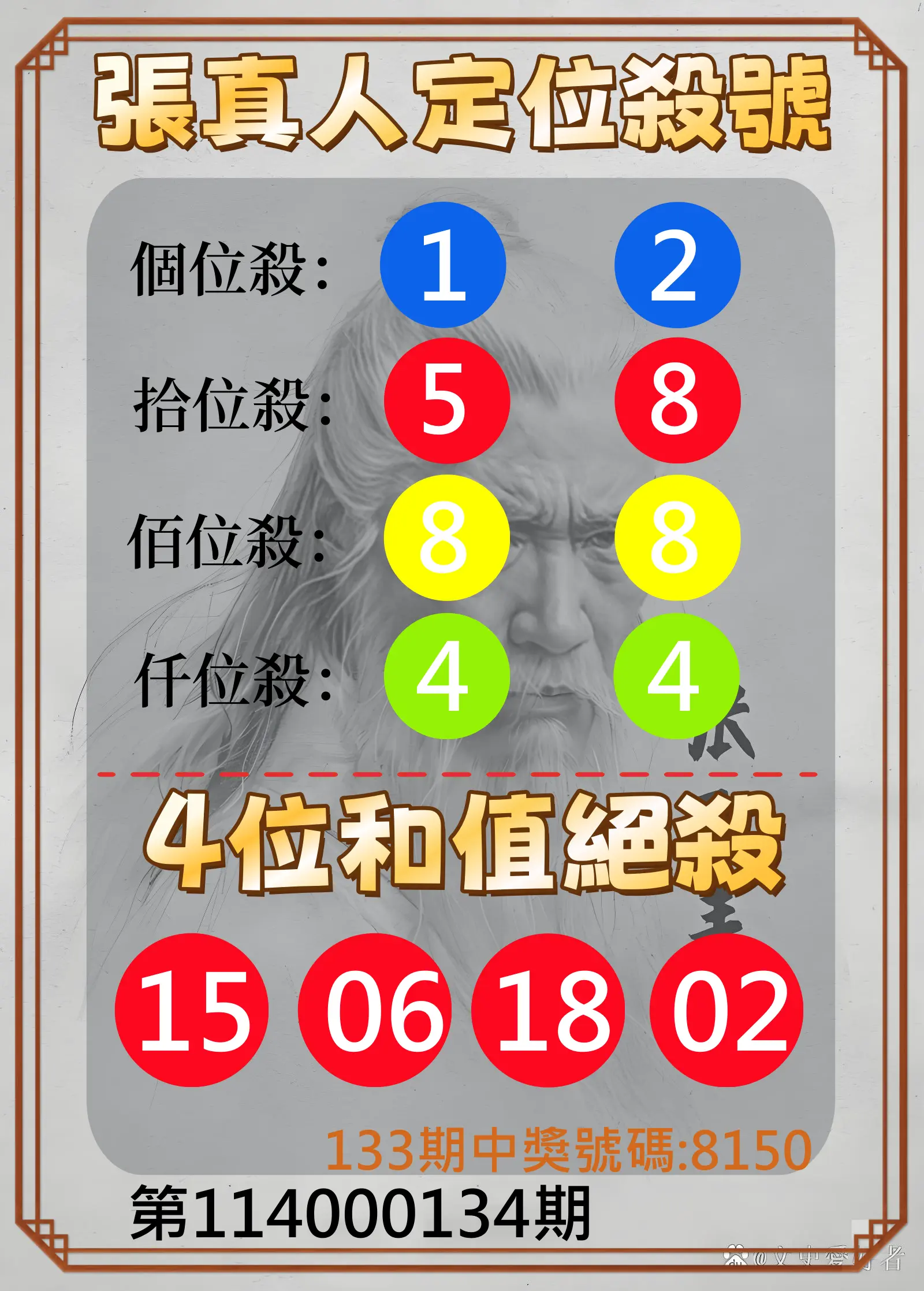 4星彩第114000134期張真人定位殺號