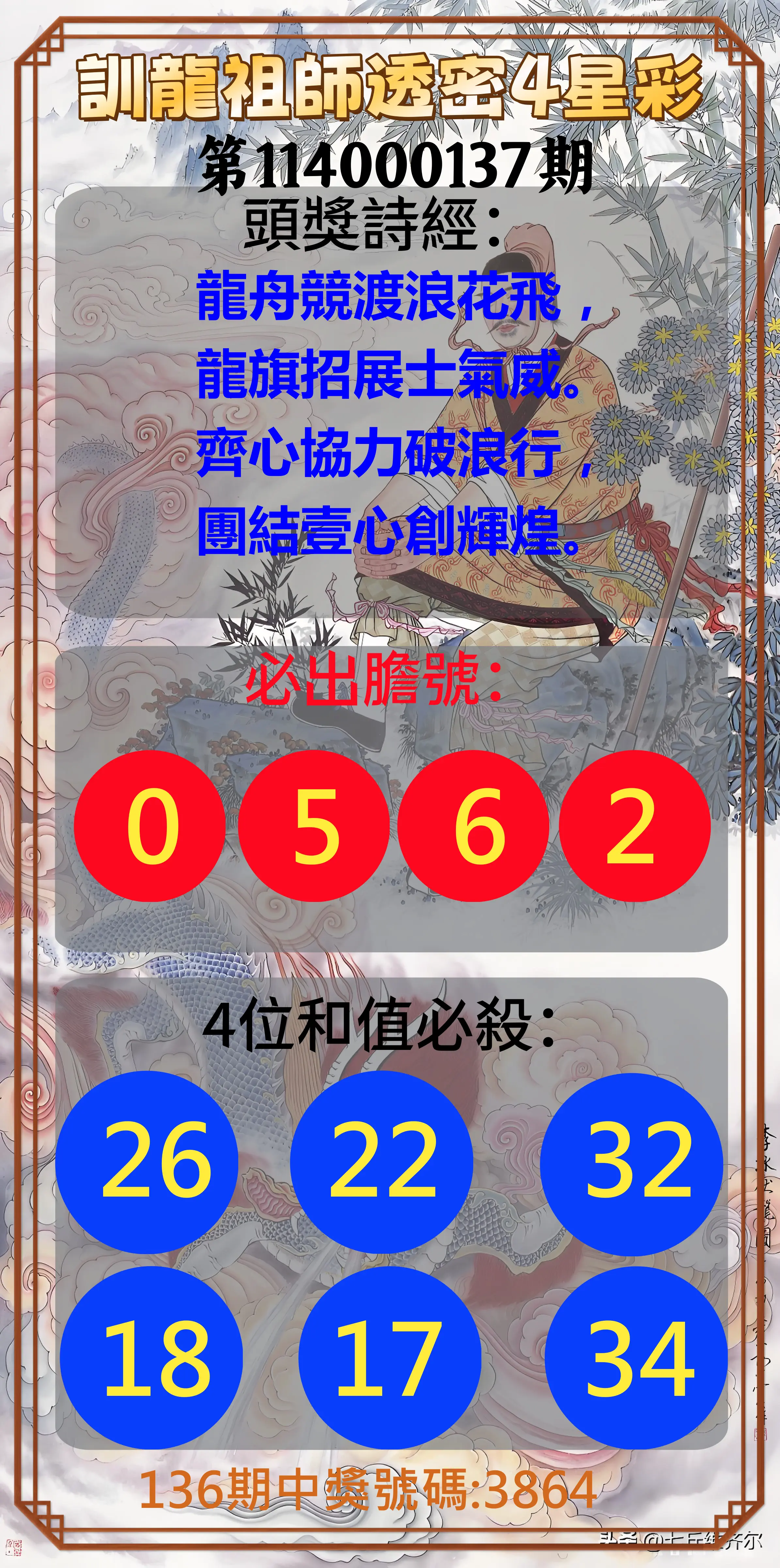 4星彩第114000137期訓龍祖師透密4星彩