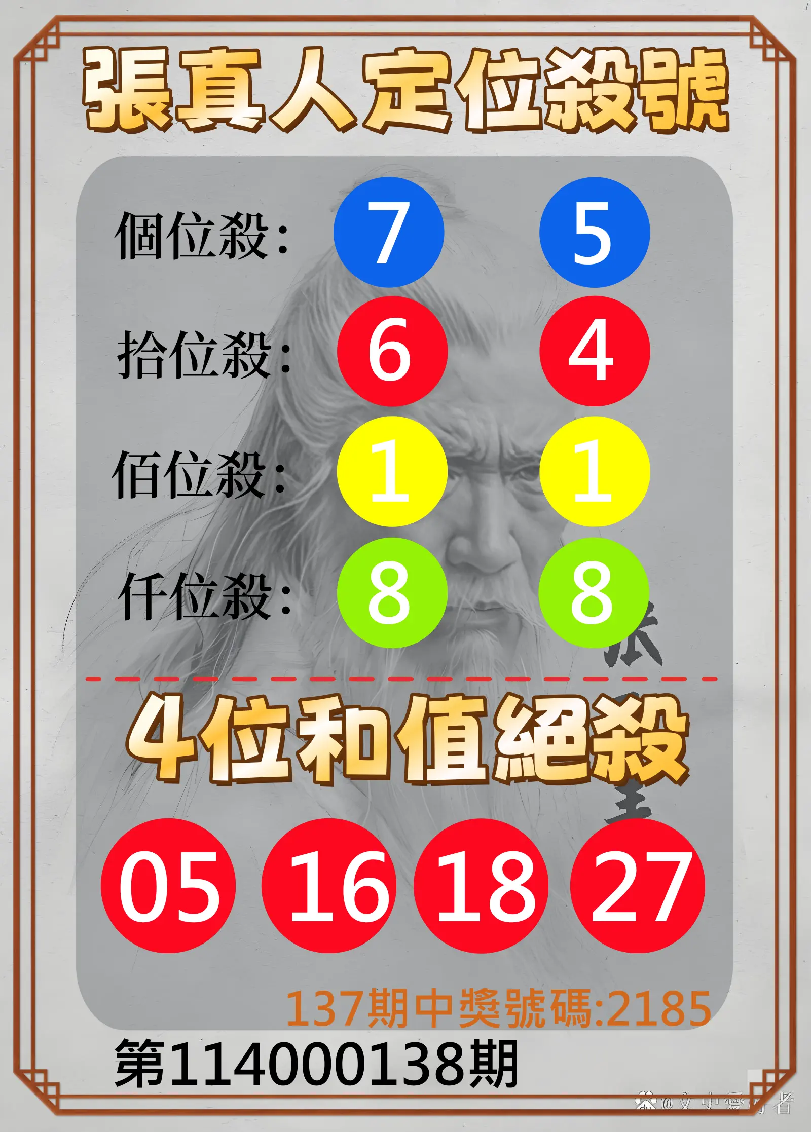 4星彩第114000138期張真人定位殺號