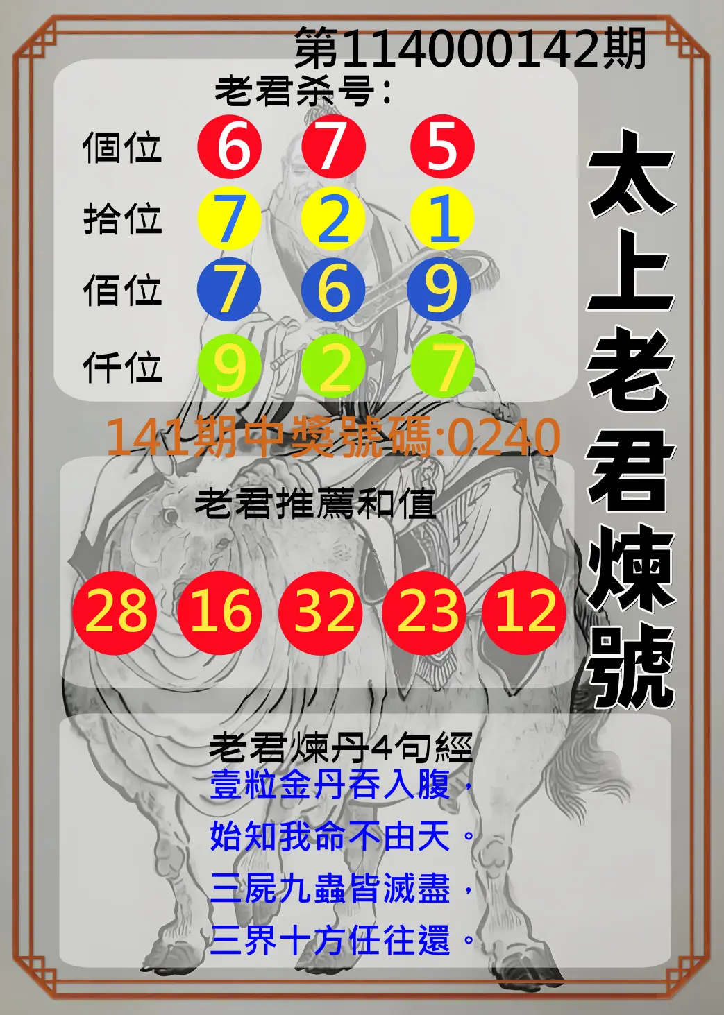 4星彩第114000142期太上老君煉號